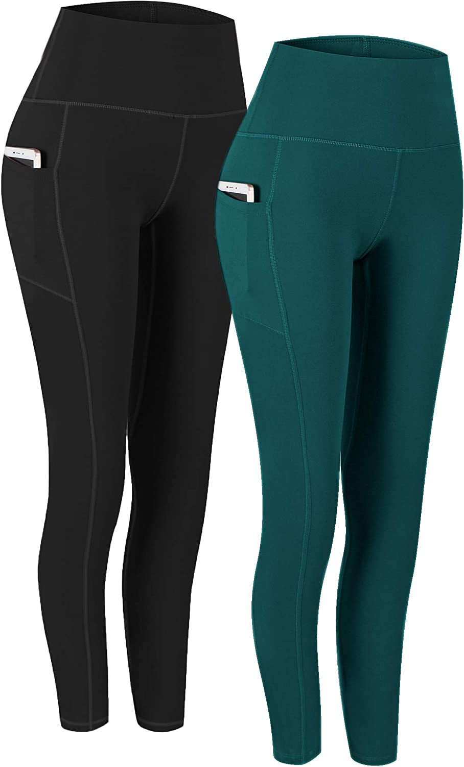 Fengbay 2 Pack High Waist Yoga Pants, Pocket Yoga Pants Tummy Control Workout Running 4 Way Stretch Yoga Leggings  Fengbay Black & Deep Green Large 