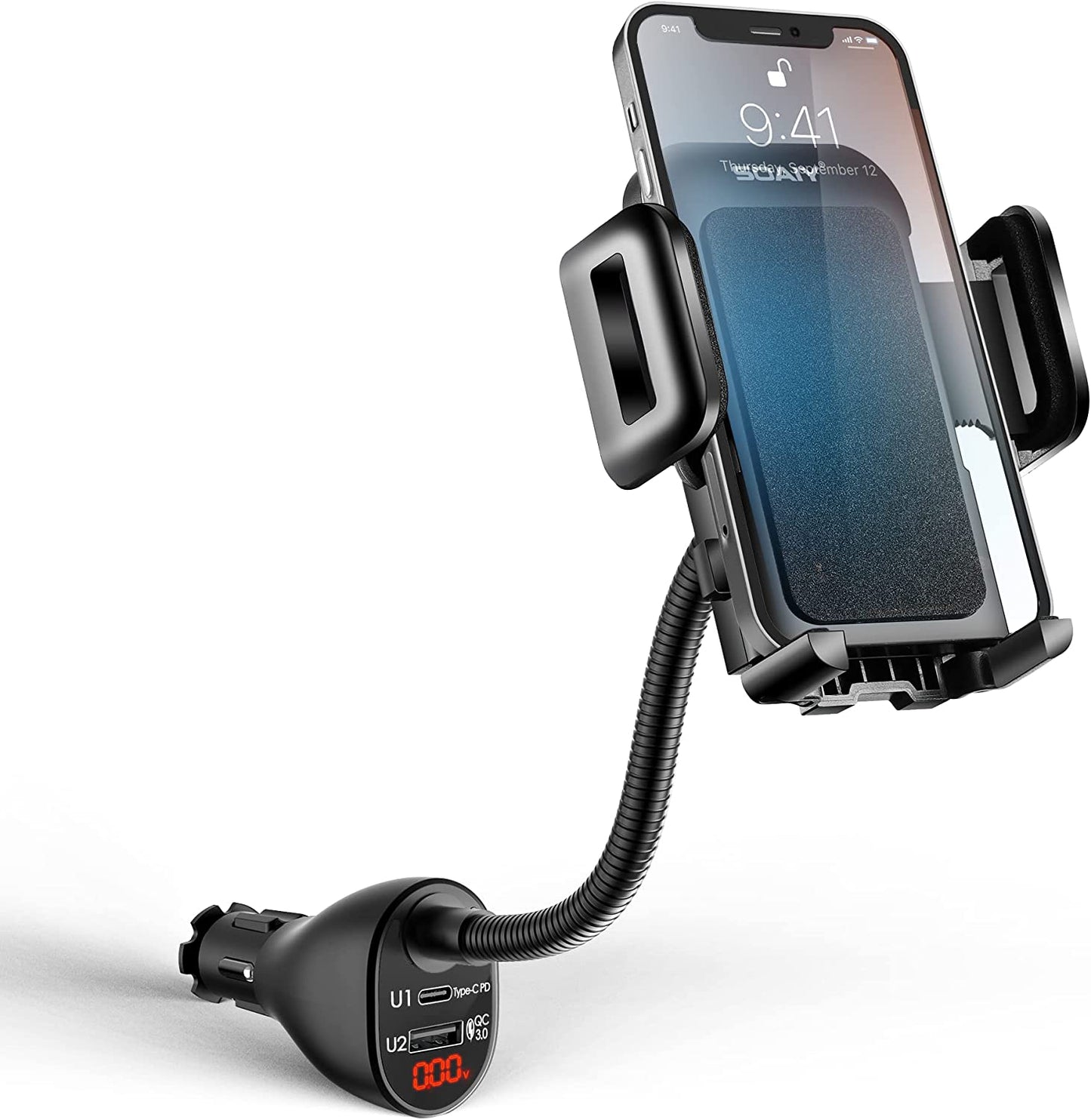 3-In-1 Multifunctional Car Mount + Car Charger + Voltage Detector, SOAIY Car Mount Charger Holder Cradle W/Dual USB 3.1A Charger, Display Voltage Current for Iphone7 6S 6 5S Samsung S7 S6 S5  SOAIY Type-C+USB  