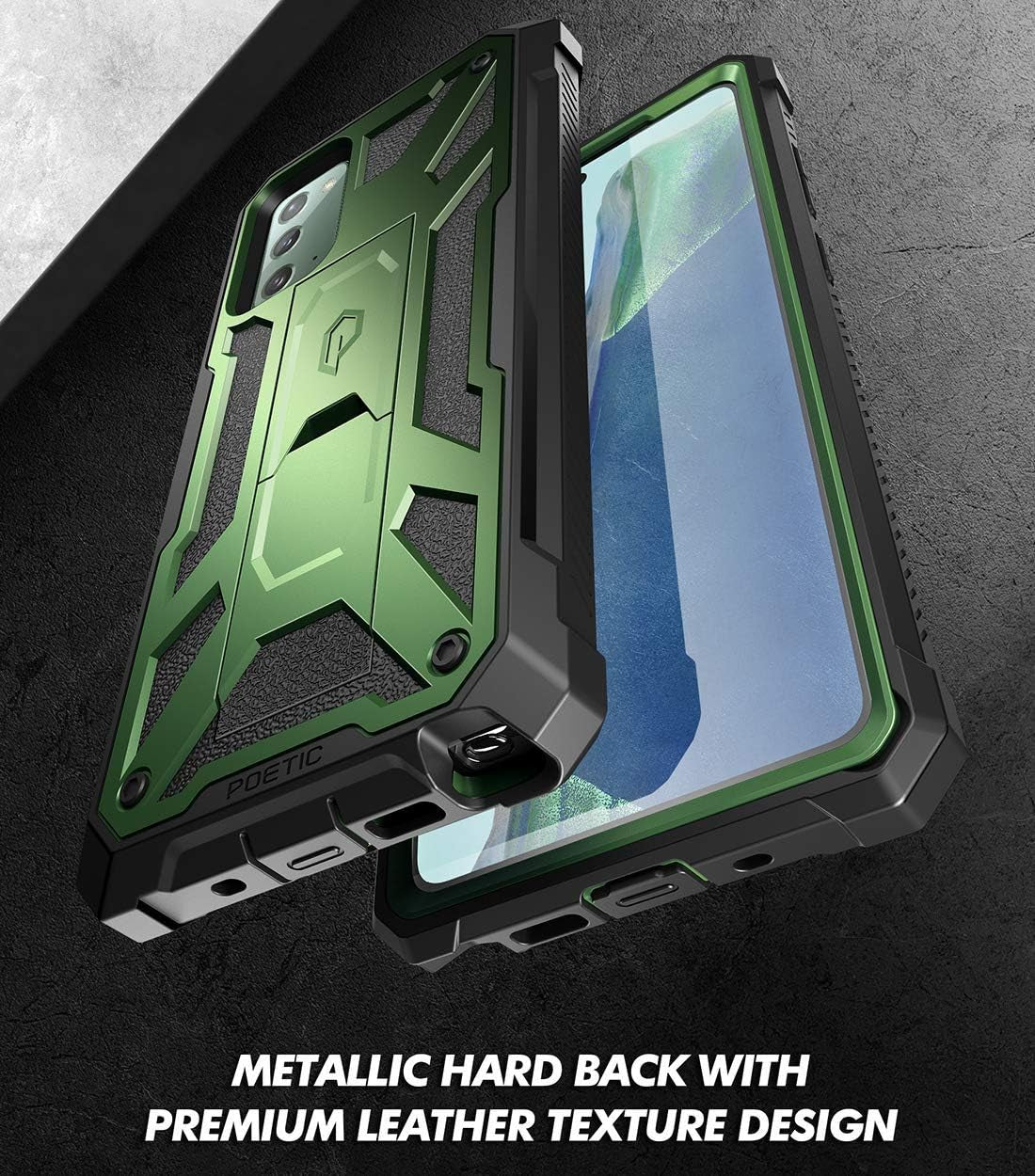Poetic Spartan Series for Samsung Galaxy Note 20 Case, Full-Body Rugged Dual-Layer Metallic Color Accent with Premium Leather Texture Shockproof Protective Cover with Kickstand, Metallic Green  Poetic   
