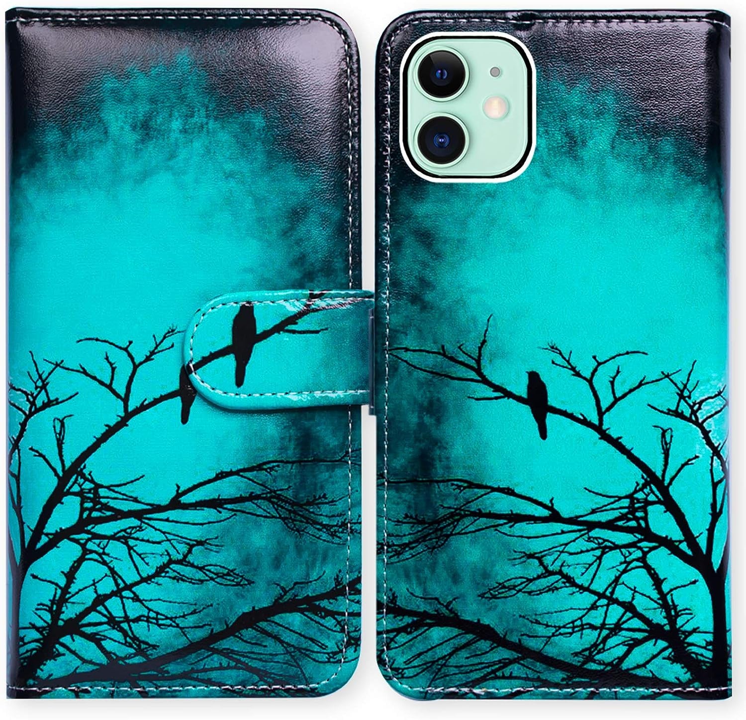 Bcov Iphone 13 Case,Blue Butterfly Flowers Rose Leather Flip Phone Case Wallet Cover with Card Slot Holder Kickstand for Iphone 13  Bcov Black Bird Pattern  