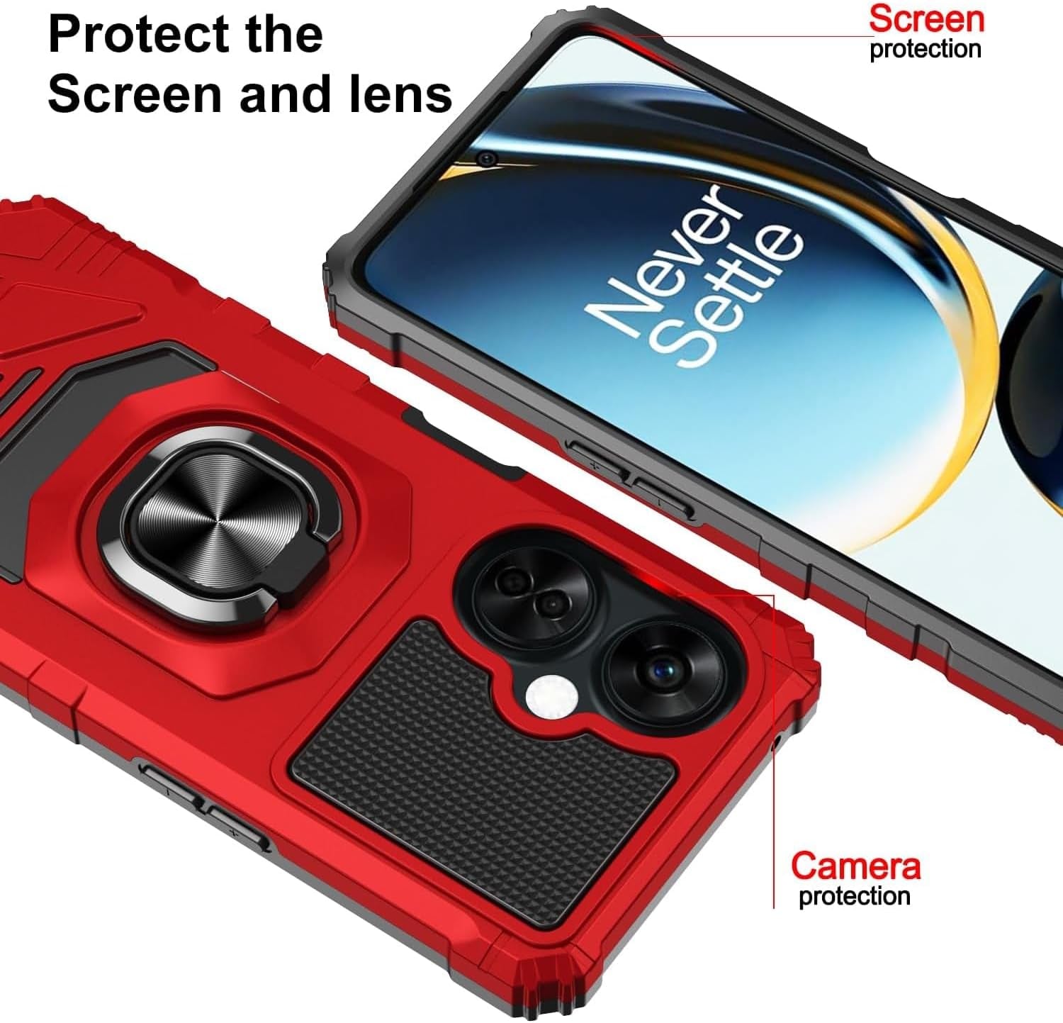 TJS Compatible for Oneplus Nord N30 5G Case, with Tempered Glass Screen Protector, Metal Ring Magnetic Support Kickstand Heavy Duty Drop Protection Cover Phone Case (Red)  TJS   