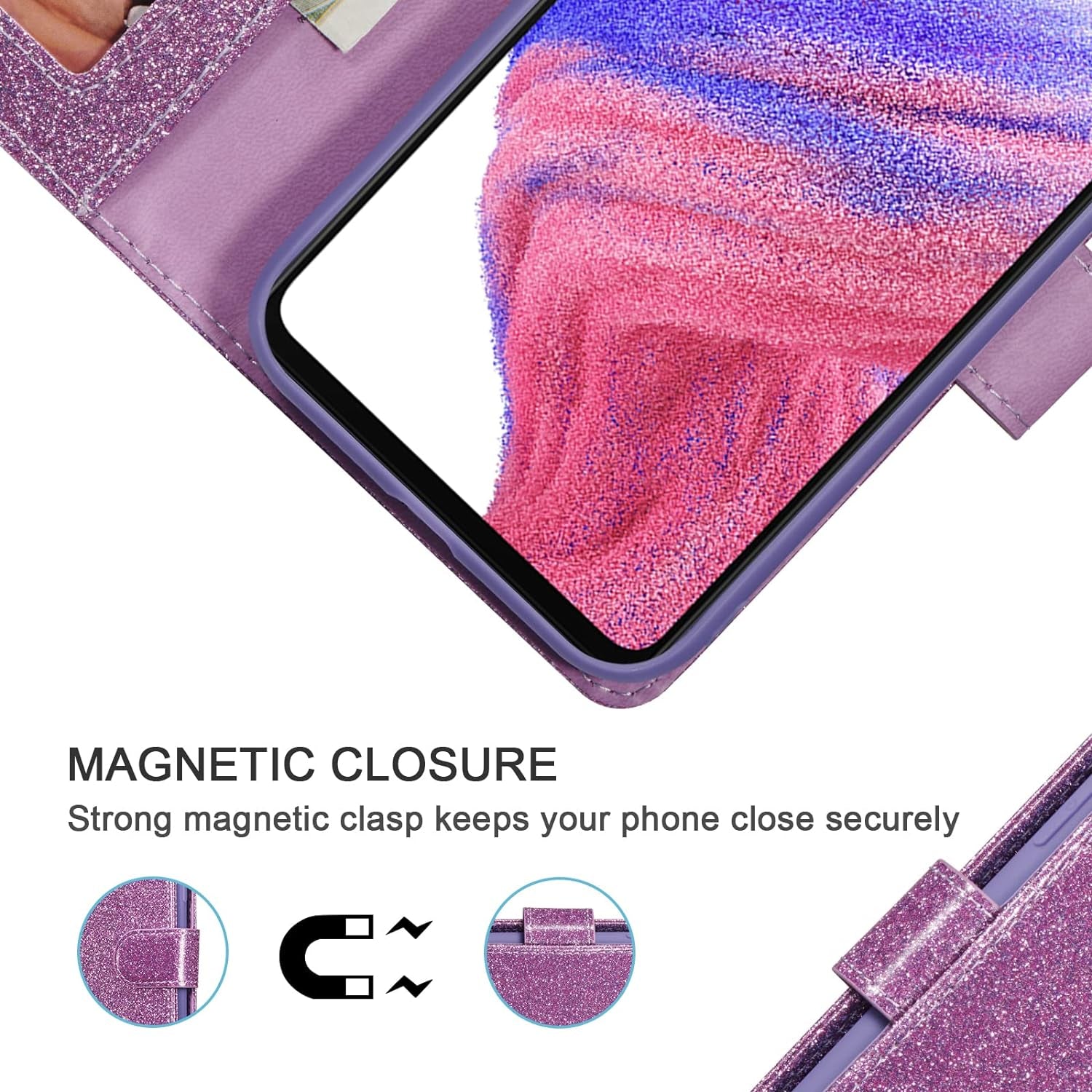 UEEBAI Wallet Case for Samsung Galaxy A53 5G, Premium Glitter PU Leather Phone Case Card Slots Kickstand Case Magnetic Closure Bling Handbag Case Shockproof Hand Strap Flip Cover - Glitter Purple  UEEBAI   