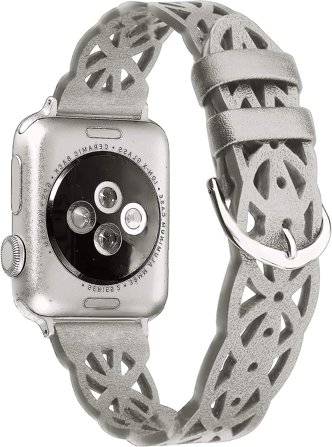 Secbolt Hollowed-Out Leather Band Compatible with Apple Watch 38Mm 40Mm 41Mm 42Mm 44Mm 45Mm Iwatch Series 8/7/6/SE/5/4/3/2/1, Elegant Top-Grain Leather Wristband Strap Accessories for Women  Secbolt Gray 38mm/40mm/41mm 