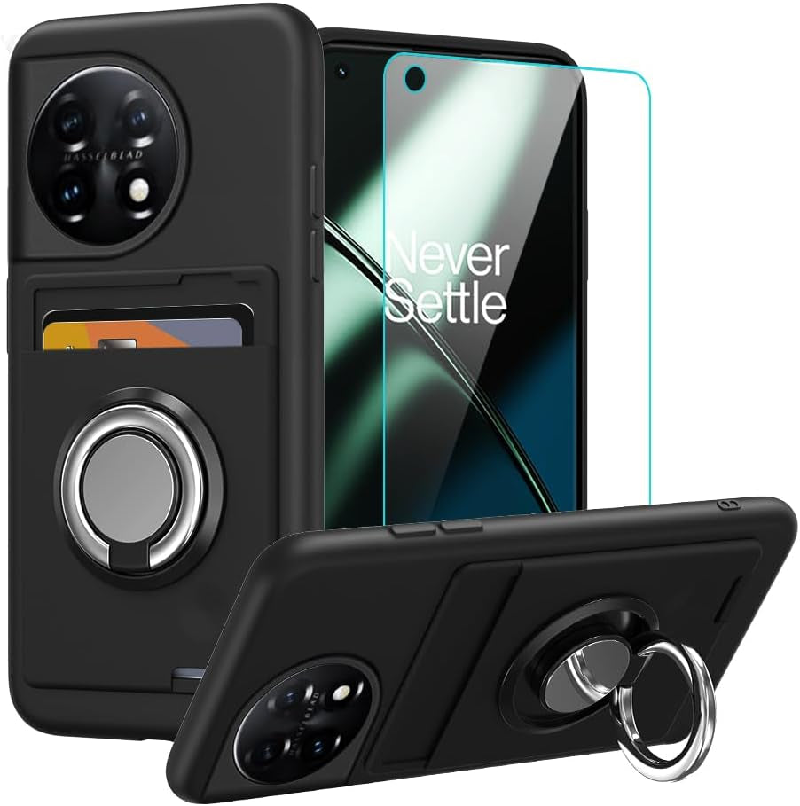 Anneey for Oneplus 11 5G Phone Case with Tempered Glass Screen Protector, Card Holder with Ring Stand Case for 1+ 11 5G Cover - Black  Anneey   
