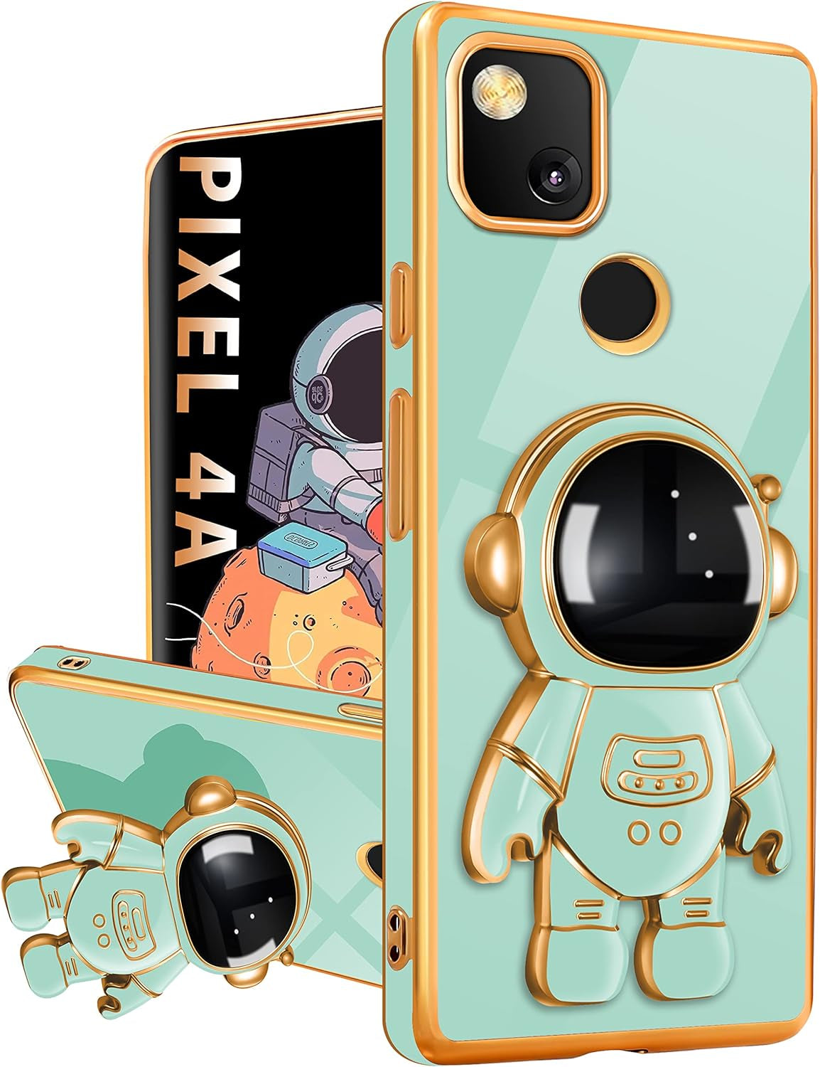Buleens for Google Pixel 4A Case with Astronaut Stand, Women Girls Pixel 4A Cases, Girly Cute 6D Outer Space Heart Pattern Phone Cover for Google Pixel 4A(Not Fit 5G) 5.8 Inch Black  Buleens For Google Pixel 4A-Mint Green  