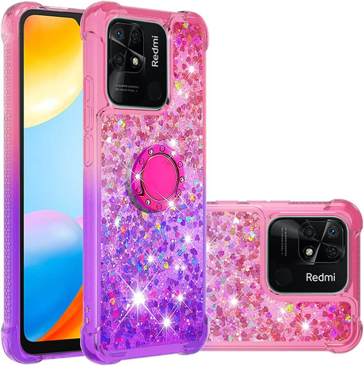 Monwutong Phone Case for Xiaomi Redmi 10C, Shiny Bling Quicksand Effect TPU Bumper Case with Four Corners Protection Cover for Xiaomi Redmi 10C, Pink Blue  Monwutong Pink Purple  