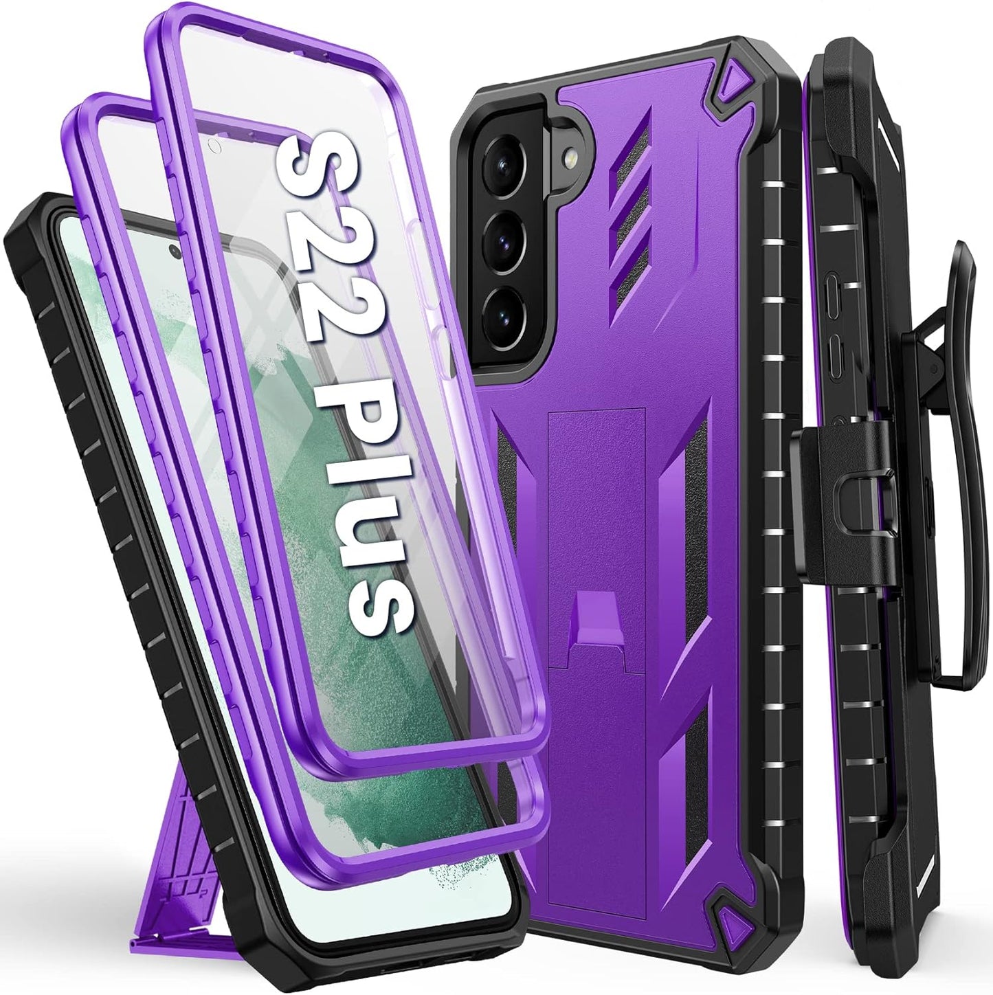 FNTCASE for Samsung Galaxy S22 plus Case: Shockproof Durable S22+ Cell Phone Cover with Built-In Kickstand | TPU Bumper Textured | Full-Body Protective Rugged Belt-Clip Holster Designed Black  DAMAI Purple  