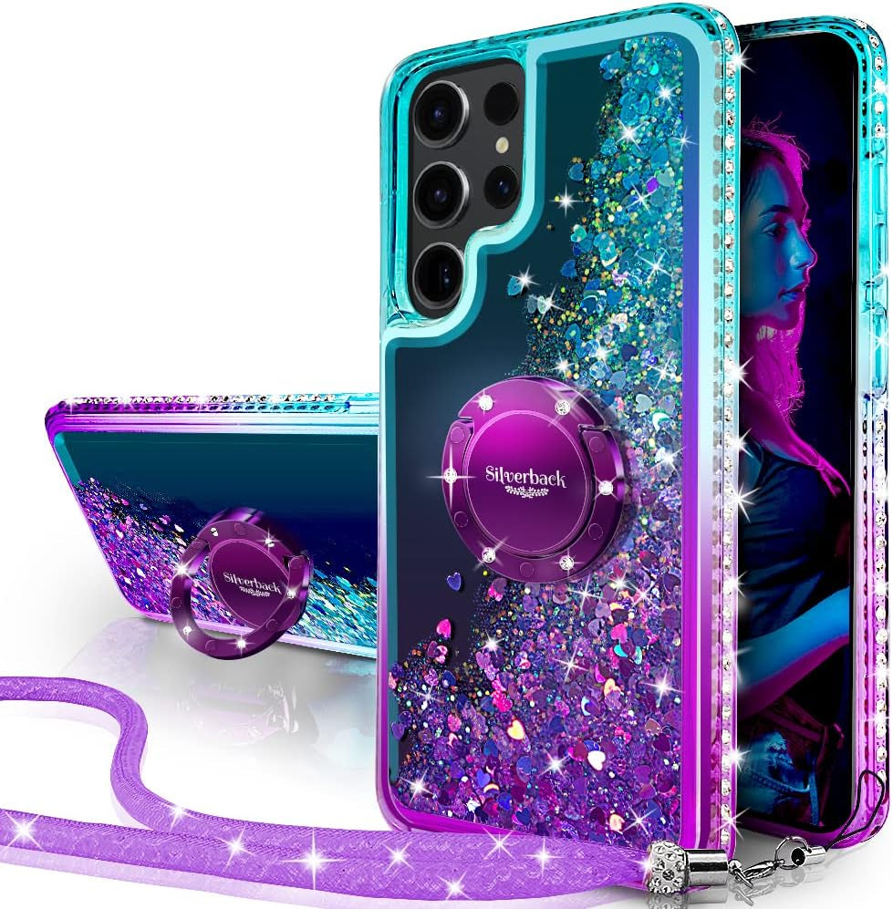 Silverback for Samsung Galaxy S22 Ultra Case, Moving Liquid Holographic Sparkle Glitter Case with Kickstand, Girls Women Bling Diamond Ring Slim Protective Case for Galaxy S22 Ultra 5G, Purple  Silverback inc   