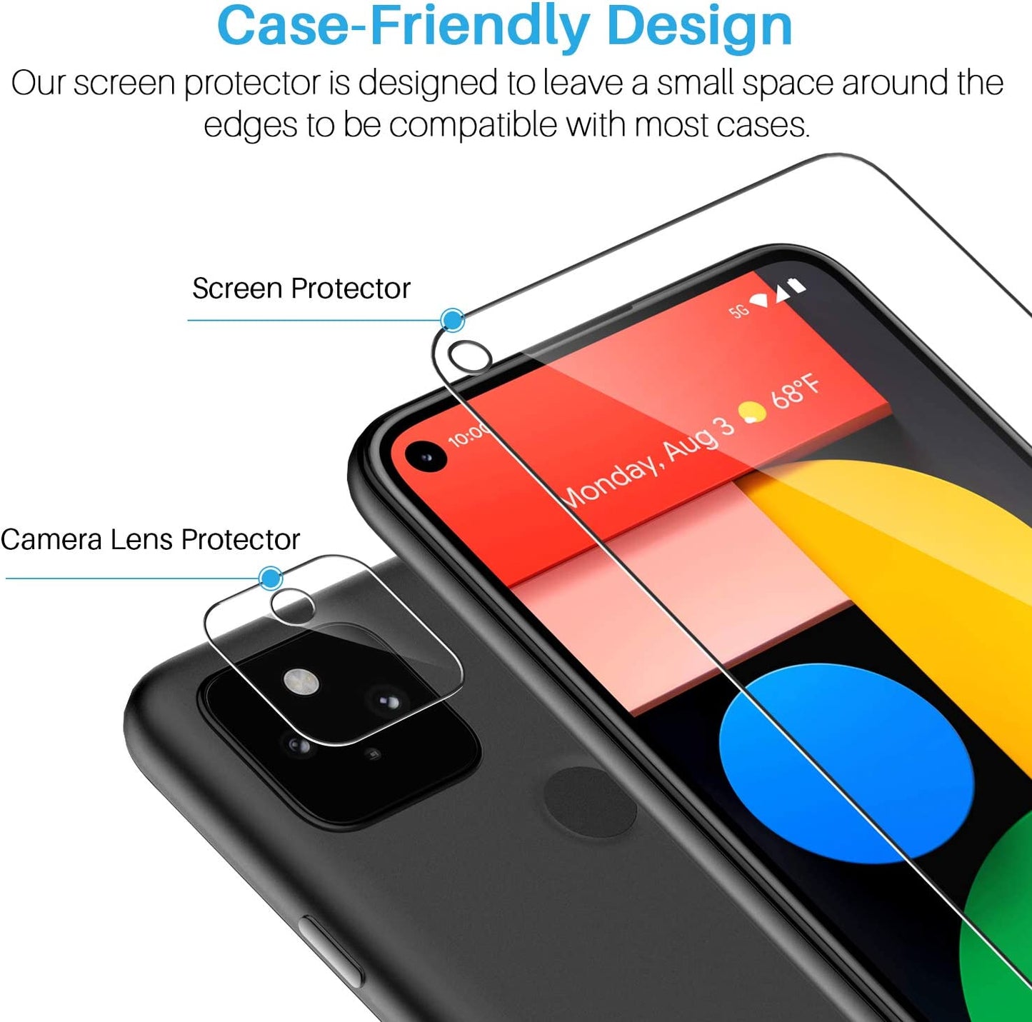 6 Pack LK 3 Pack Screen Protector + 3 Pack Camera Lens Protector for Google Pixel 5, Tempered Glass, Easy Frame Installation, HD Ultra-Thin  LK   