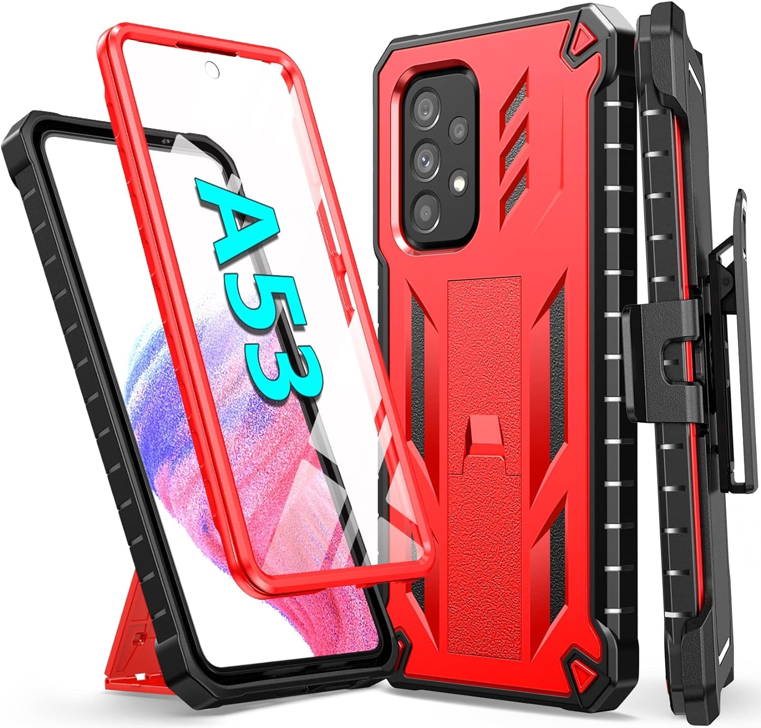 Soios for Samsung Galaxy A53 5G Case: with Built-In Screen Protector & Kickstand | Full-Body Dual Layer Rugged Belt-Clip Holster | Heavy Duty Shockproof Protective Phone Cover - 6.5Inch - Black  SOiOS Red  