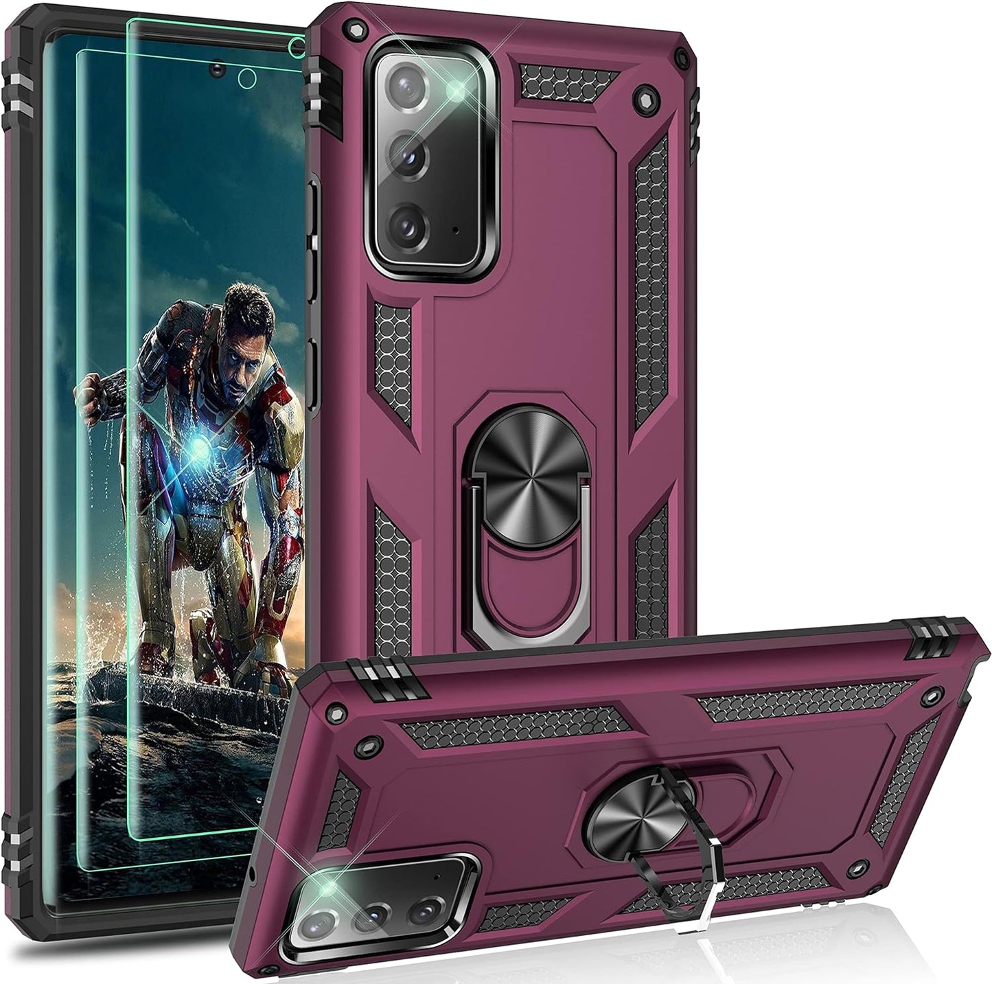 Ymhxcy Galaxy Note 20 Case, Samsung Note 20 5G Case, Armor Grade Cases with Rotating Holder Kickstand Non-Slip Hybrid Rugged Phone Case for Samsung Galaxy Note 20 6.7"-KK Dark Green  YmhxcY Wine Red  