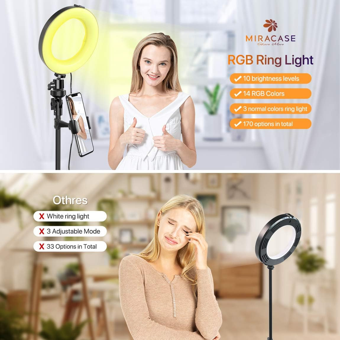 Miracase 8" Ring Light with Stand, 14 Colors RGB LED Ring Light with Tripod Stand and Phone Holder & 10 Brightness Level & Camera Remote Shutter for Makeup,Youtube,Video,Photography  Miracase   