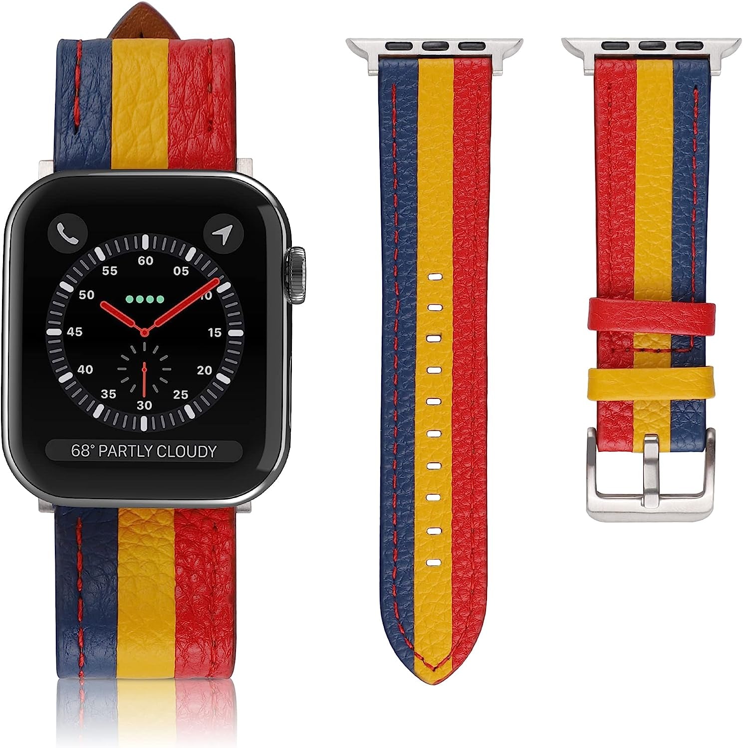 VAKS Compatible with Apple Watch Ultra Leather Band 38Mm 40Mm 41Mm 42Mm 44Mm 45Mm 49Mm for Women Men, Genuine Leather Wristband Replacement Strap for Iwatch Series Ultra/Se2/8/7/6/5/4/3/2/1/Se  VAKS Blue Yellow Red 42mm / 44mm / 45mm / 49mm 