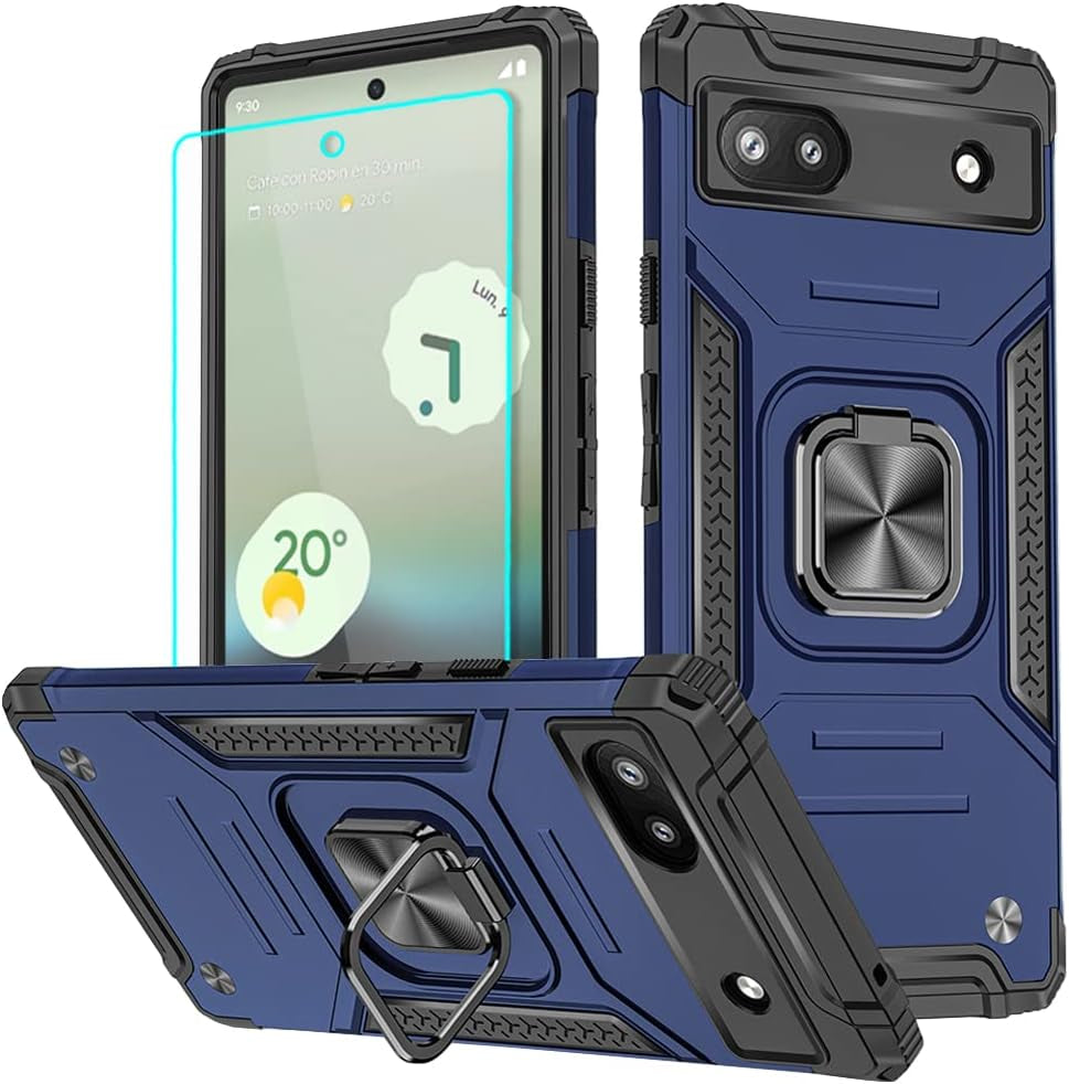 For Pixel 6A Case, Google Pixel 6A Case with HD Screen Protector, 360°Military Grade Rotatable Kickstand (Heavy Duty) Shockproof Protective Cases for Pixel 6A Case (Blue)  HNHYGETE   