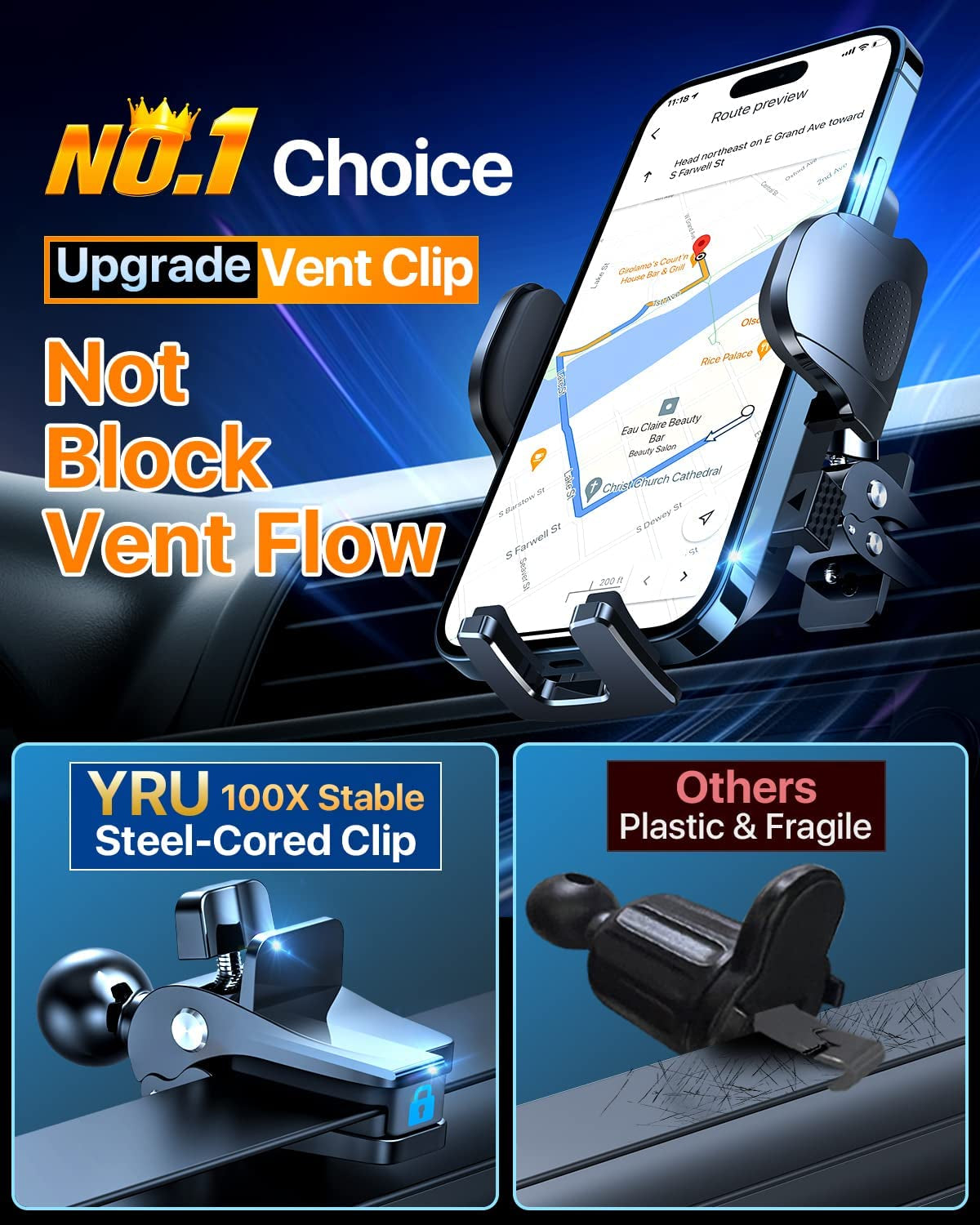 YRU [Upgrade 80LBS Strong Suction Car Phone Holder Mount,[Bumpy Road Stable] Dashboard Cell Phone Holder for Car Air Vent Windshield Phone Stand for Iphone 14 13 12 Pro Max Samsung & Pickup Truck  YRU   