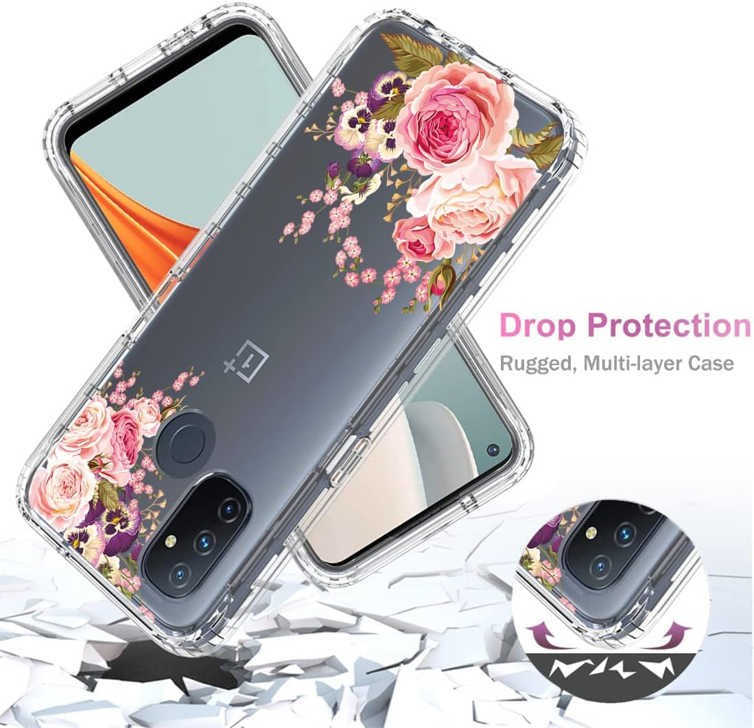 Vavies Case for Oneplus Nord N100 BE2013 Case with Tempered Glass Screen Protector, Full Body Clear Flexible with Floral Design Protection Phone Cover Cases for Oneplus Nord N100 (Rose Flower)  Vavies   