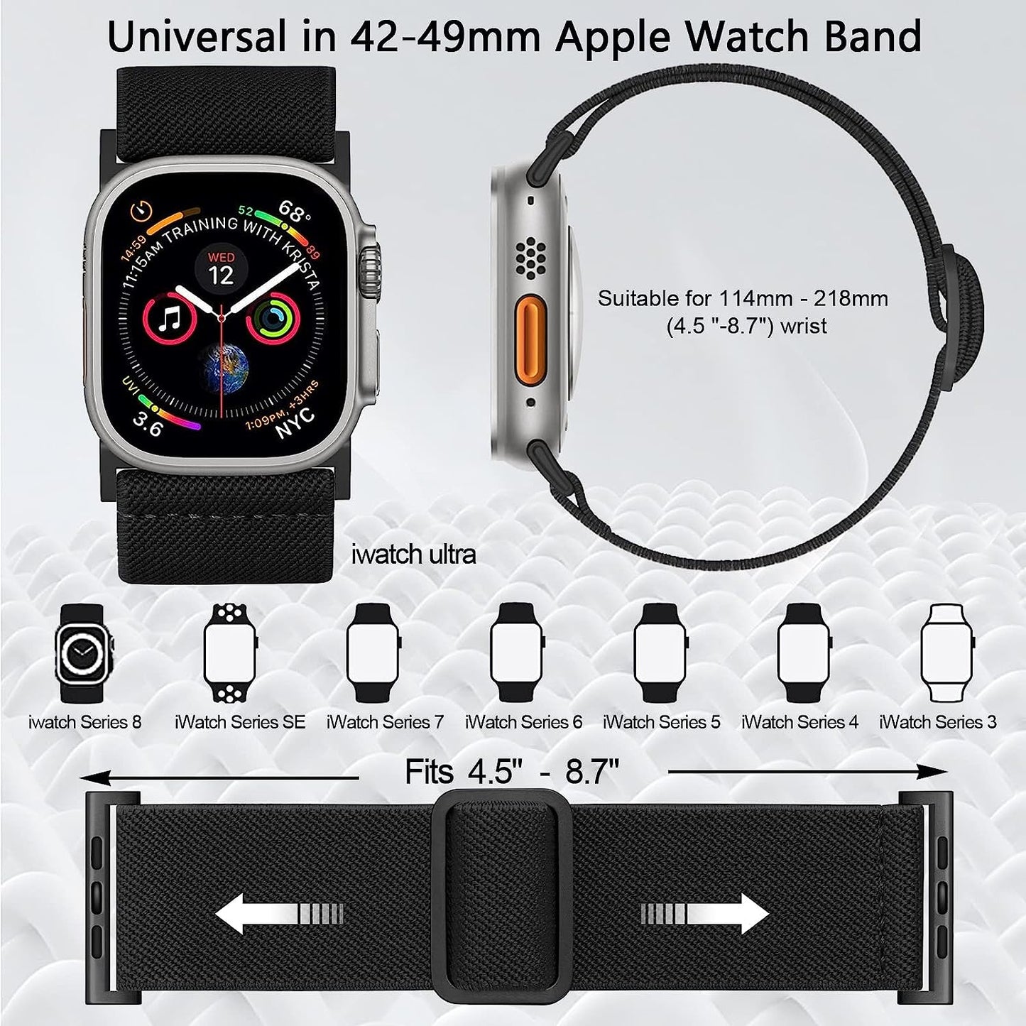 25MM/30MM Wide Stretchy Nylon Compatible with Apple Watch Ultra Band 44Mm 45Mm 49Mm 38Mm 40Mm 41Mm 42Mm, Adjustable Sport Soft Elastic for Apple Watch Band Men, Wristband for Iwatch SE 8 7 6 5 4 3 2 1  HEARTBOOM   