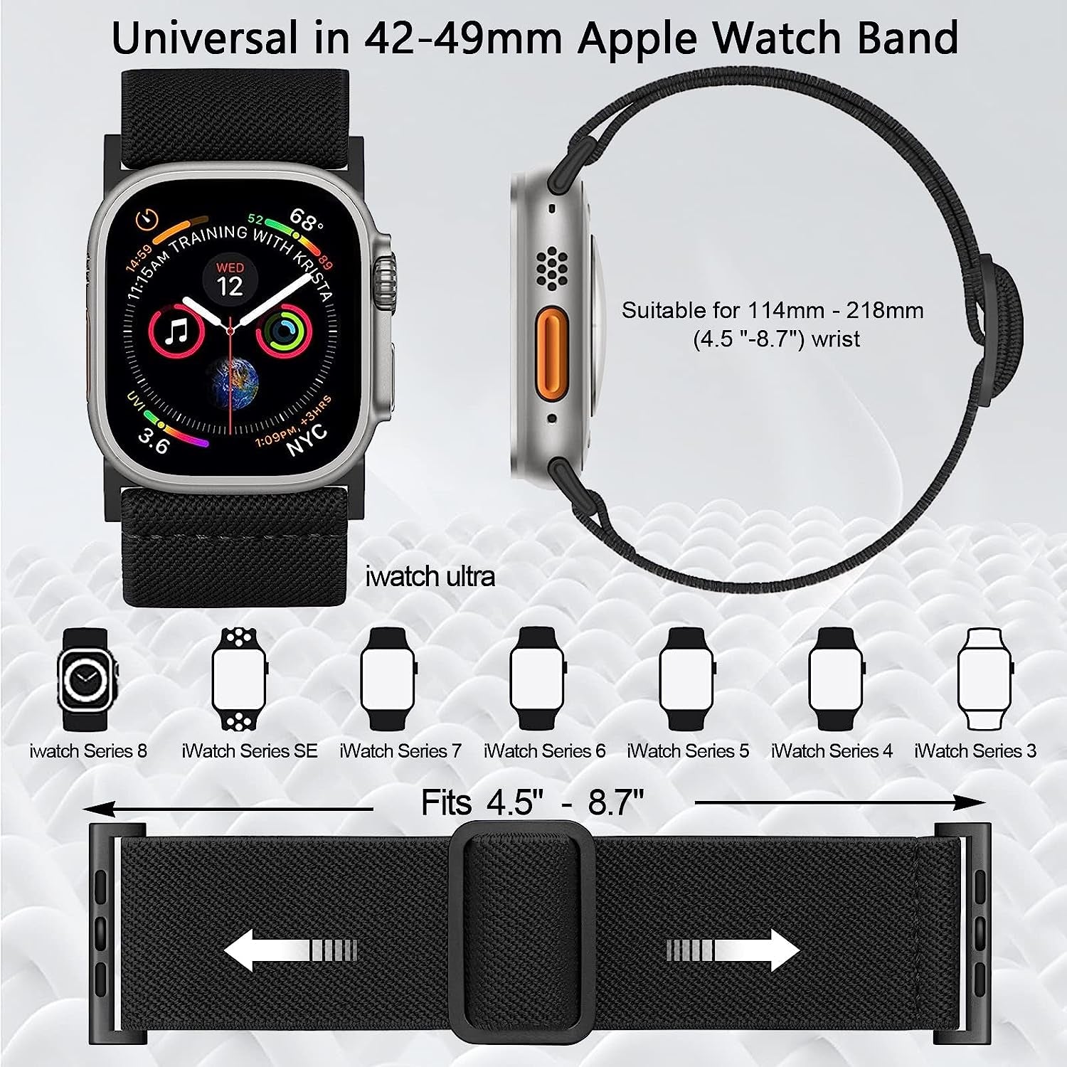 25MM/30MM Wide Stretchy Nylon Compatible with Apple Watch Ultra Band 44Mm 45Mm 49Mm 38Mm 40Mm 41Mm 42Mm, Adjustable Sport Soft Elastic for Apple Watch Band Men, Wristband for Iwatch SE 8 7 6 5 4 3 2 1  HEARTBOOM   