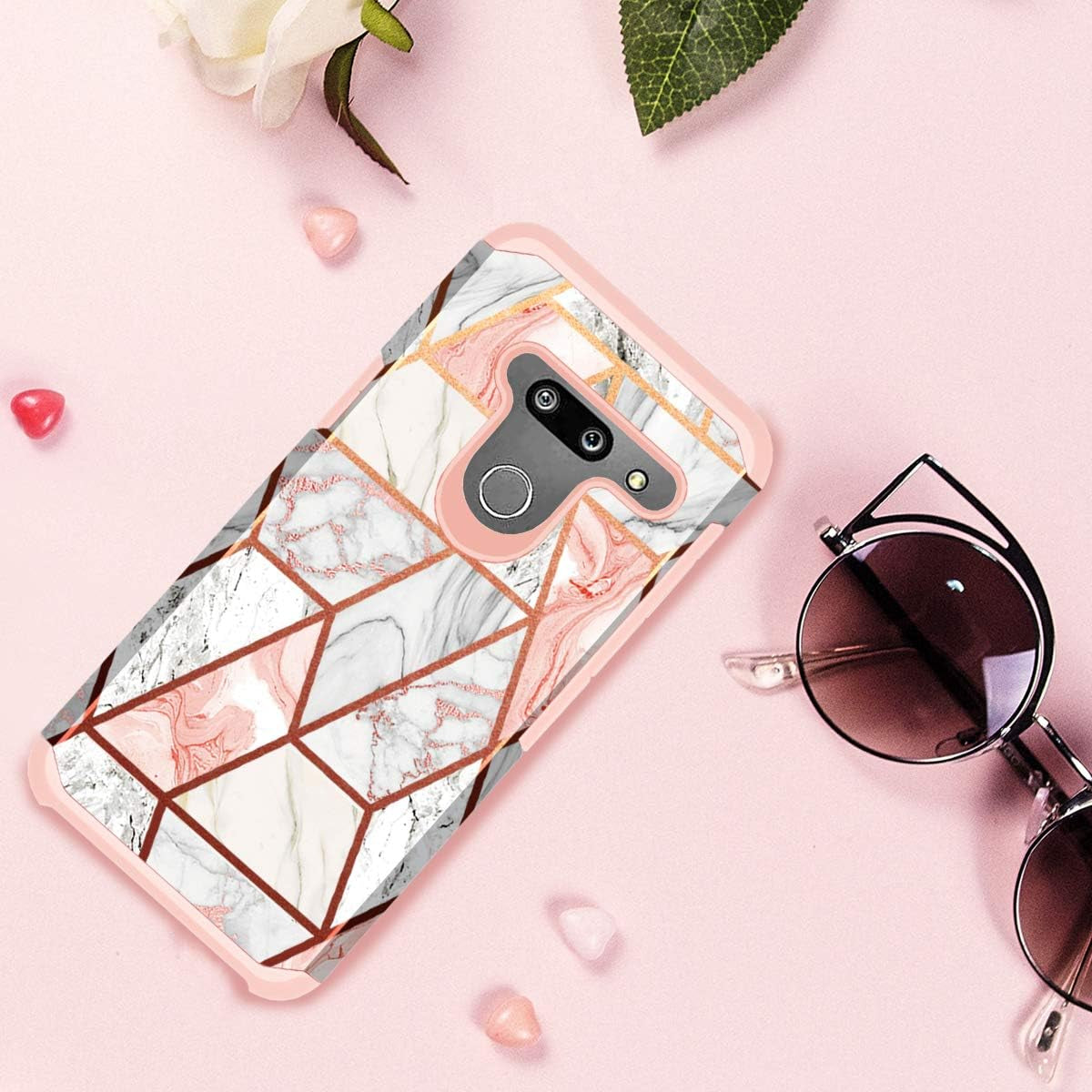 Fingic Compatible with LG G8 Thinq Case Rose Gold Marble Design Shiny Glitter Bumper Hybrid Hard PC Soft Rubber Silicone Cover Anti-Scratch Shockproof Protective Case 6.1 Inch 2019, Rose Gold  Fingic   