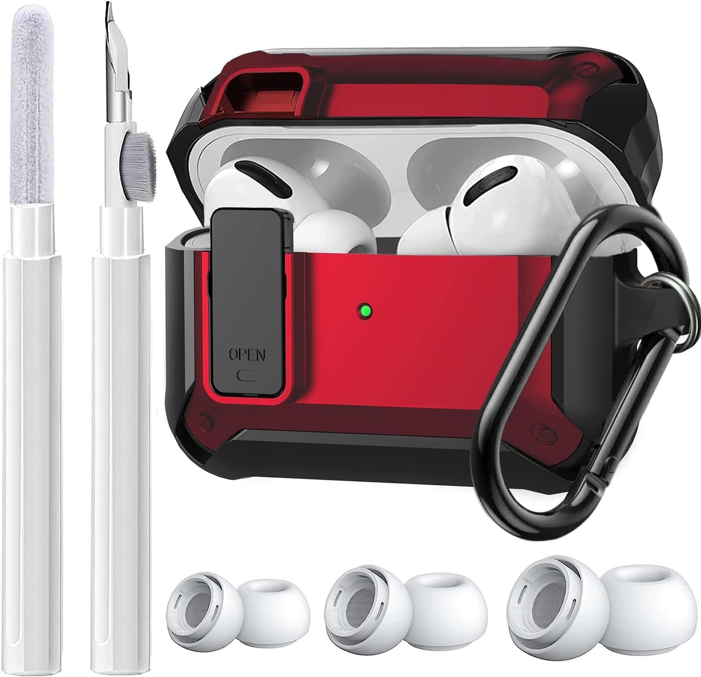 [4 in 1] Airpods Pro 2 Gen/Pro Case Lock with Cleaner Kit&Replacement Ear Tips(S/M/L), Olytop Rugged Airpod Pro 2Nd/1St Generation Protective Cover for Ipod Pro 2019/2022 with Keychain, Army Green  Olytop Black/Red  