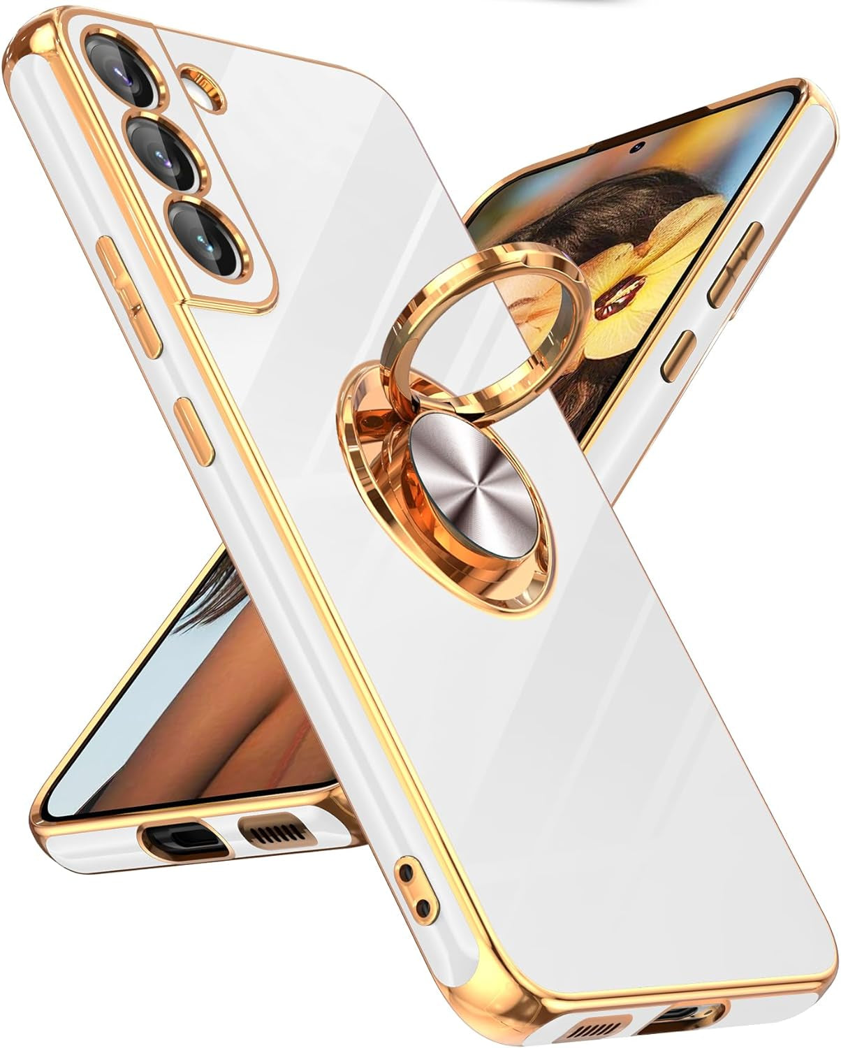 Leyi for Samsung Galaxy S22 plus Case 360° Rotatable Ring Holder Magnetic Kickstand, Plating Rose Gold Edge Protective Galaxy S22 Plus/ S22+ Case, Black  LeYi White Samsung Galaxy S22 Plus 