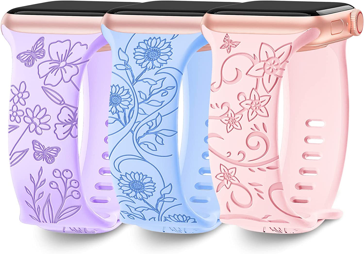 3 Pack Floral Engraved Bands Compatible with Apple Watch Band 40Mm 41Mm 38Mm 42Mm 44Mm 45Mm 49Mm Women,Soft Silicone Cute Wildflowers Sport Laser Strap for Iwatch Bands Series Ultra SE 8 6 5 4 3 2 1  AMSKY Lavender/Baby Pink/Baby Blue 38/40/41 mm 
