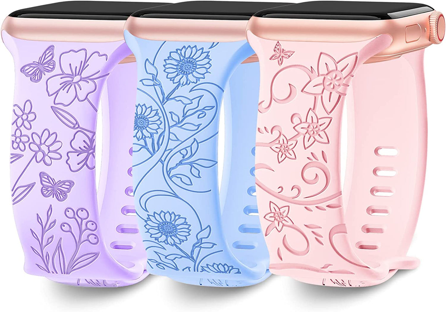 3 Pack Floral Engraved Bands Compatible with Apple Watch Band 40Mm 41Mm 38Mm 42Mm 44Mm 45Mm 49Mm Women,Soft Silicone Cute Wildflowers Sport Laser Strap for Iwatch Bands Series Ultra SE 8 6 5 4 3 2 1  AMSKY Lavender/Baby Pink/Baby Blue 38/40/41 mm 