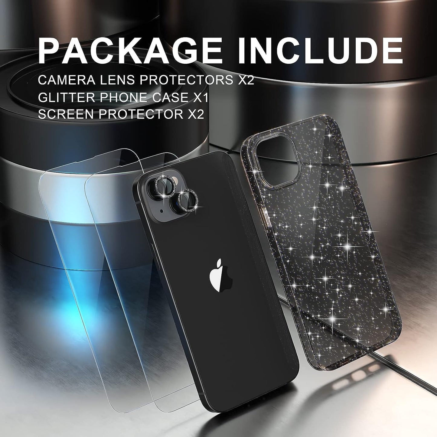 Choiche Compatible for Iphone 14 plus Case Cute, Women Clear Glitter Bling Sparkly Case, [2 X Diamond Camera Lens Protectors] [2 X Tempered Glass Screen Protectors] 6.7-Inch (Glitter Black)  Choiche   