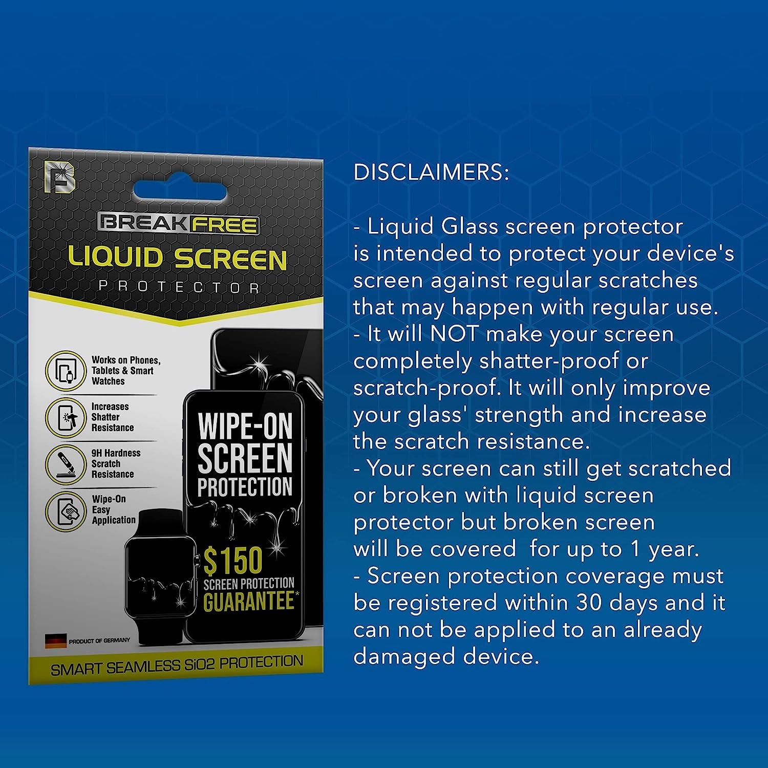 BREAK FREE Liquid Glass Screen Protector with $150 Coverage | Wipe on Scratch and Shatter Resistant Nano Protection for All Phones Tablets and Smart Watches - Universal Fit  BREAK FREE   