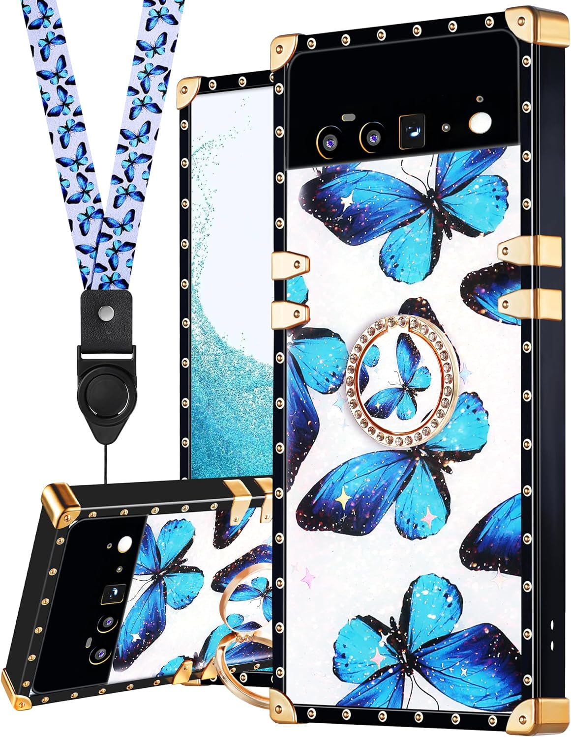 Loheckle for Pixel 6 Pro Case for Women, Designer Square Cases for Google Pixel 6 Pro with Ring Stand Holder and Lanyard, Stylish Bees Luxury Cover for Pixel 6 Pro 6.7 Inch  Loheckle Butterfly  