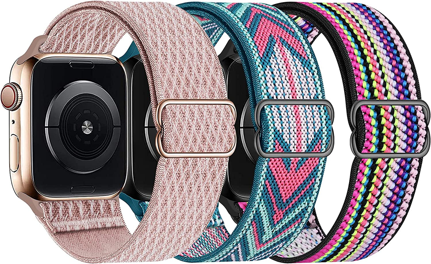 Swhatty Stretchy Nylon Solo Loop Bands Compatible with Apple Watch 41Mm 40Mm 38Mm, Adjustable Braided Sport Elastics Women Men Strap for Iwatch Series 8 7 6 5 4 3 2 1 SE (Black, Rose Pink, Cream)  Swhatty Rose Pink/Green Arrow/Pride 38mm/40mm/41mm 