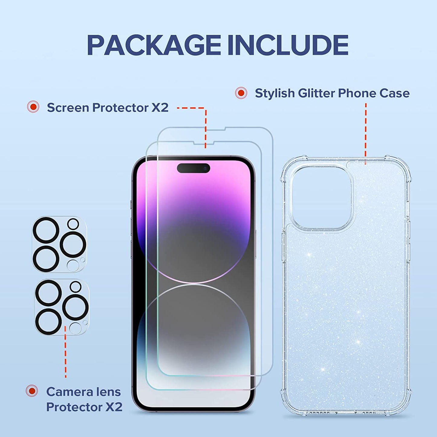 BERFY Glitter Case for Iphone 14 Pro Max, with 2Pcs Screen Protector+2Pcs Camera Protector, [Non-Yellowing] Clear Bling Sparkle Cute Shockproof Phone Case for Women, 6.7 Inch Cover, Glitter Clear  BERFY   