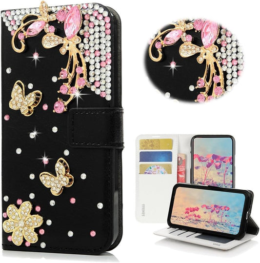 STENES LG G6 Case, LG G6 plus Case - STYLISH - 3D Handmade Bling Crystal Pretty Butterfly Flowers Wallet Credit Card Slots Fold Stand Leather Cover Case for LG G6/LG G6 plus - Black  STENES   