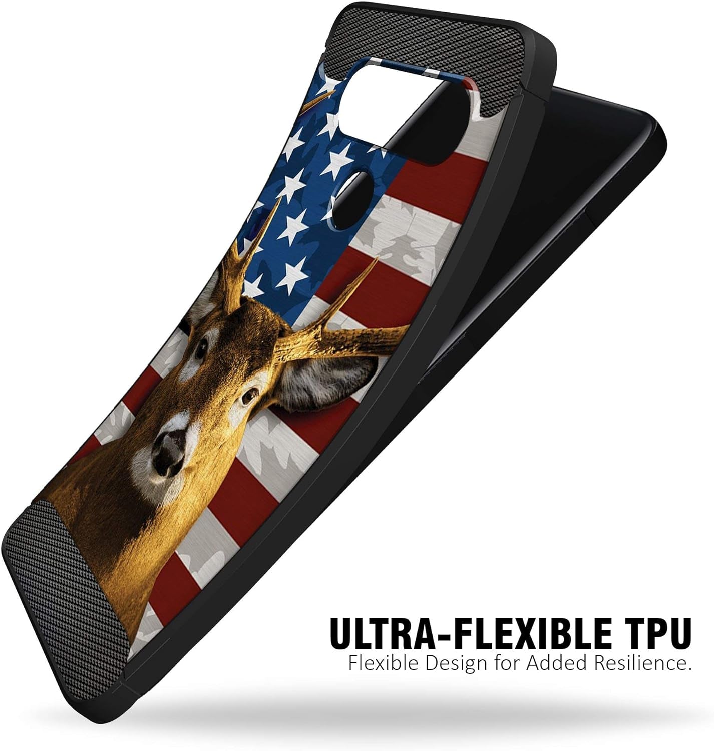 Casesondeck Flag Case Compatible with [LG G8 Thinq] Hunters Series Slim No Bulk Carbon Fiber Texture Black Flexible TPU Material (Deer Flag)  CasesonDeck   