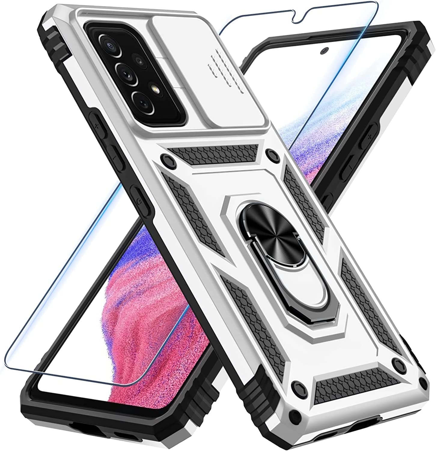 Samsung Galaxy A53 5G Case Built in Slide Camera Lens Cover and Screen Protector,Heavy Duty Shockproof Full Body Protective Phone Cover,Built in Finger Ring Stable Holder Kickstand,2022 Blue  Janmitta Y Silver Samsung A53(6.5 Inch) 