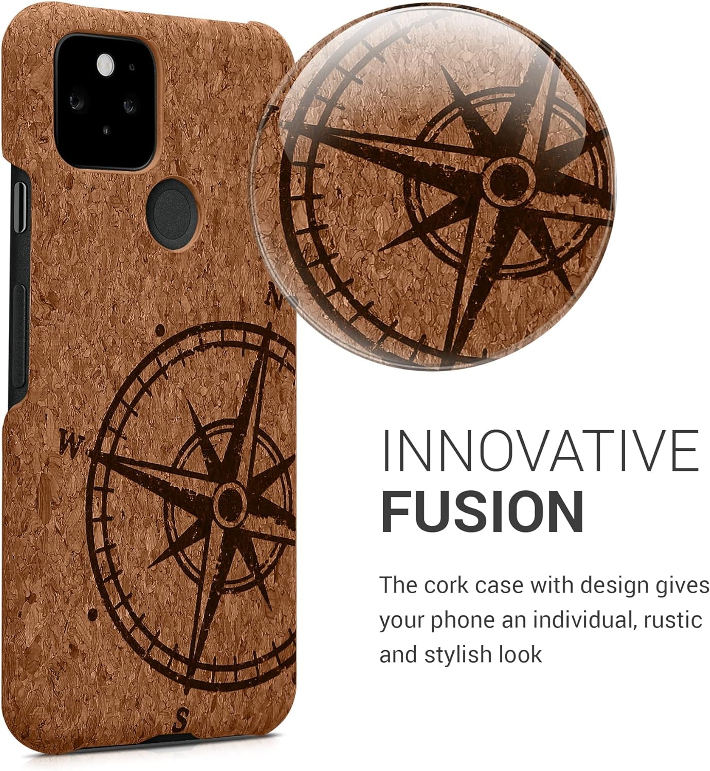 Kwmobile Case Compatible with Google Pixel 5 - Protective Cork Cover - Navigational Compass Dark Brown/Light Brown  kwmobile   