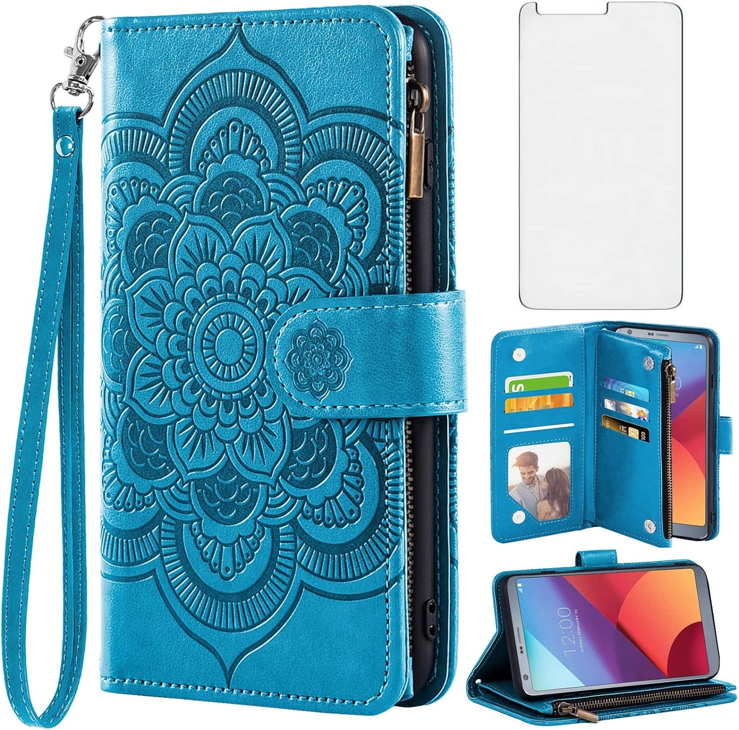 Asuwish Compatible with LG G6 Wallet Case and Tempered Glass Screen Protector Flower Leather Flip Card Holder Stand Cell Phone Cover for LGG6 Thinq LG6 Thin Q G 6 plus G6+ 6G VS988 H872 Women Purple  Asuwish Blue For Lg G6 / G6 Plus / G6 Thinq 