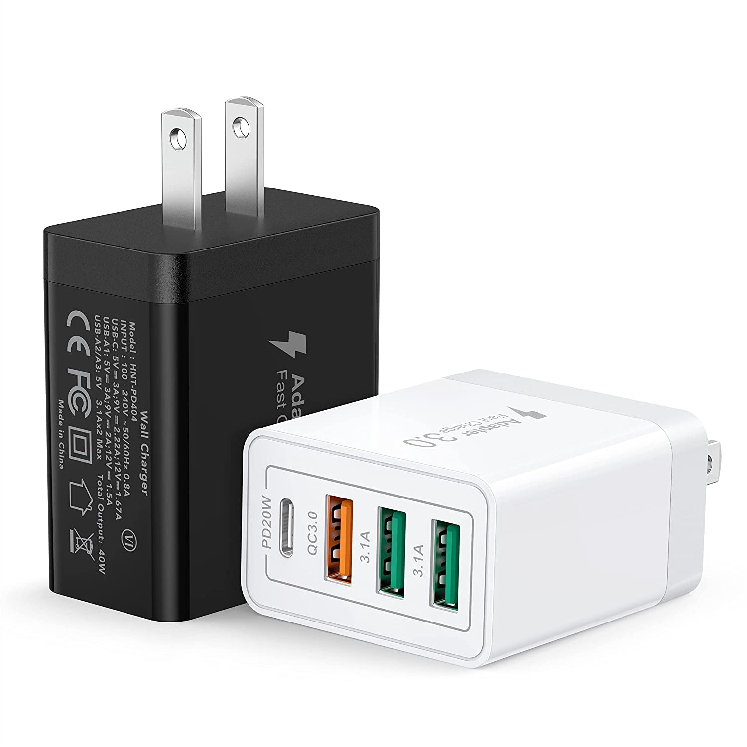 [2 Pack] USB-C Wall Charger, 40W Durable 4Port QC+PD 3.0 Power Adapter, Double Fast Plug Charging Block for Iphone 14/14 Pro/14 Pro Max/14 Plus/13/12/11, XS/XR/X, Watch Series 8/7 Cube(White)  CSODINCE White/Black  