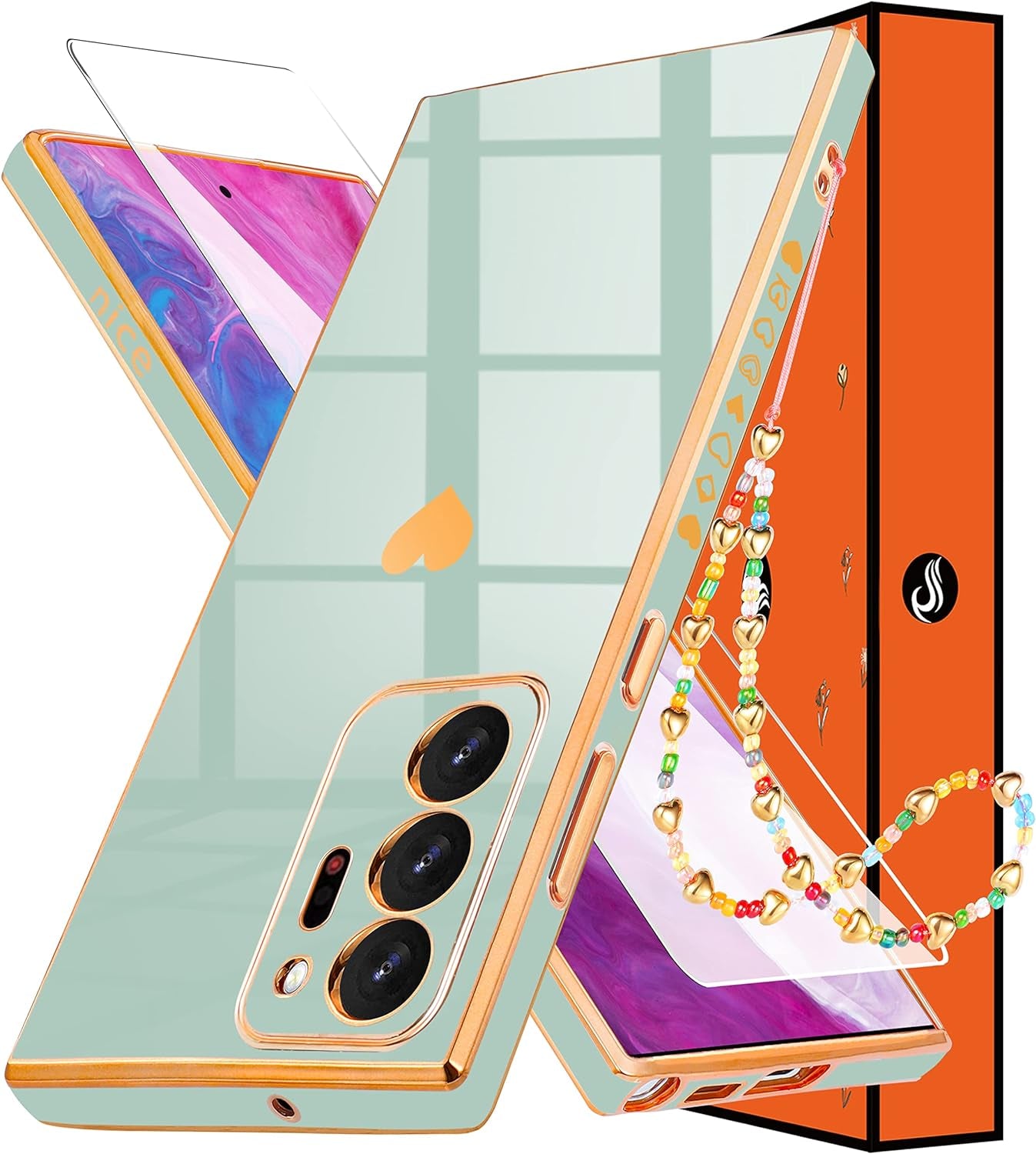 Shorogyt (3In1 Heart Case for Samsung Galaxy Note 20 Ultra 5G/4G 6.9 Inch Women Cute Aesthetic Love Hearts Pattern Girls Dark Blue Gold Luxury Girly Design Cases Cover+Screen+Chain for Note20 Ultra  qunxiner Only For Samsung Note 20 Ultra Light Blue  