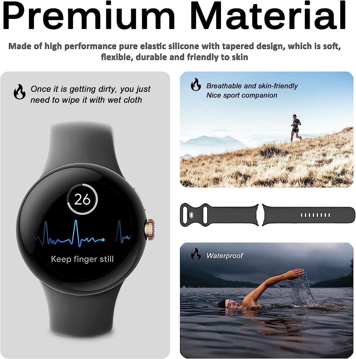 Miimall Compatible for Google Pixel Watch Band, Soft Silicone Sport Wristband for Men Women, Breathable Lightweight Replacement Strap Bracelet for Pixel Watch, 2022(Black-Large)  Miimall   