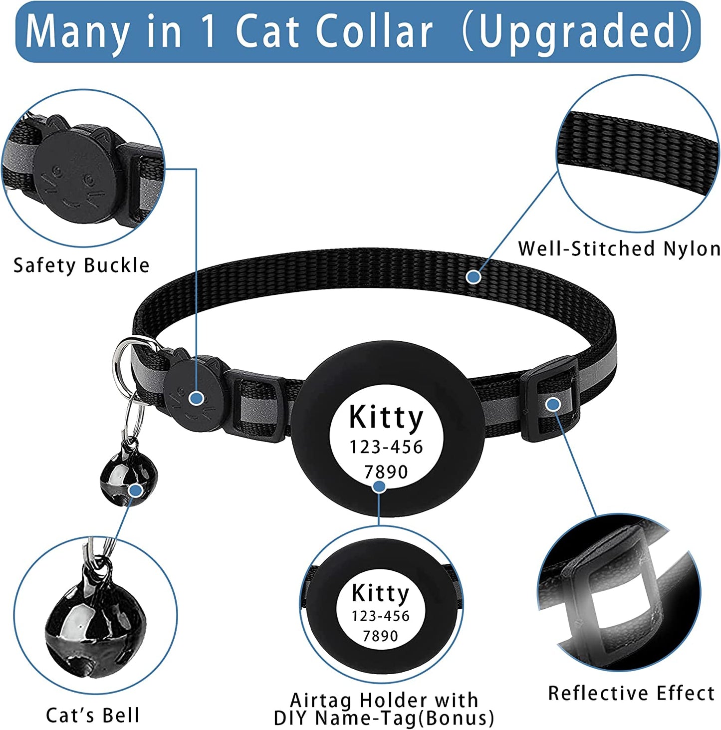 Airtag Cat Collar with Apple Airtag Holder, Safety Buckle, Bell in 3/8 Inch Reflective Lightweight Collar, DIY Pet ID with TPU Airtag Protector on Cute Air Tag Cat Collar Breakaway  DEALDONE DIRECT   
