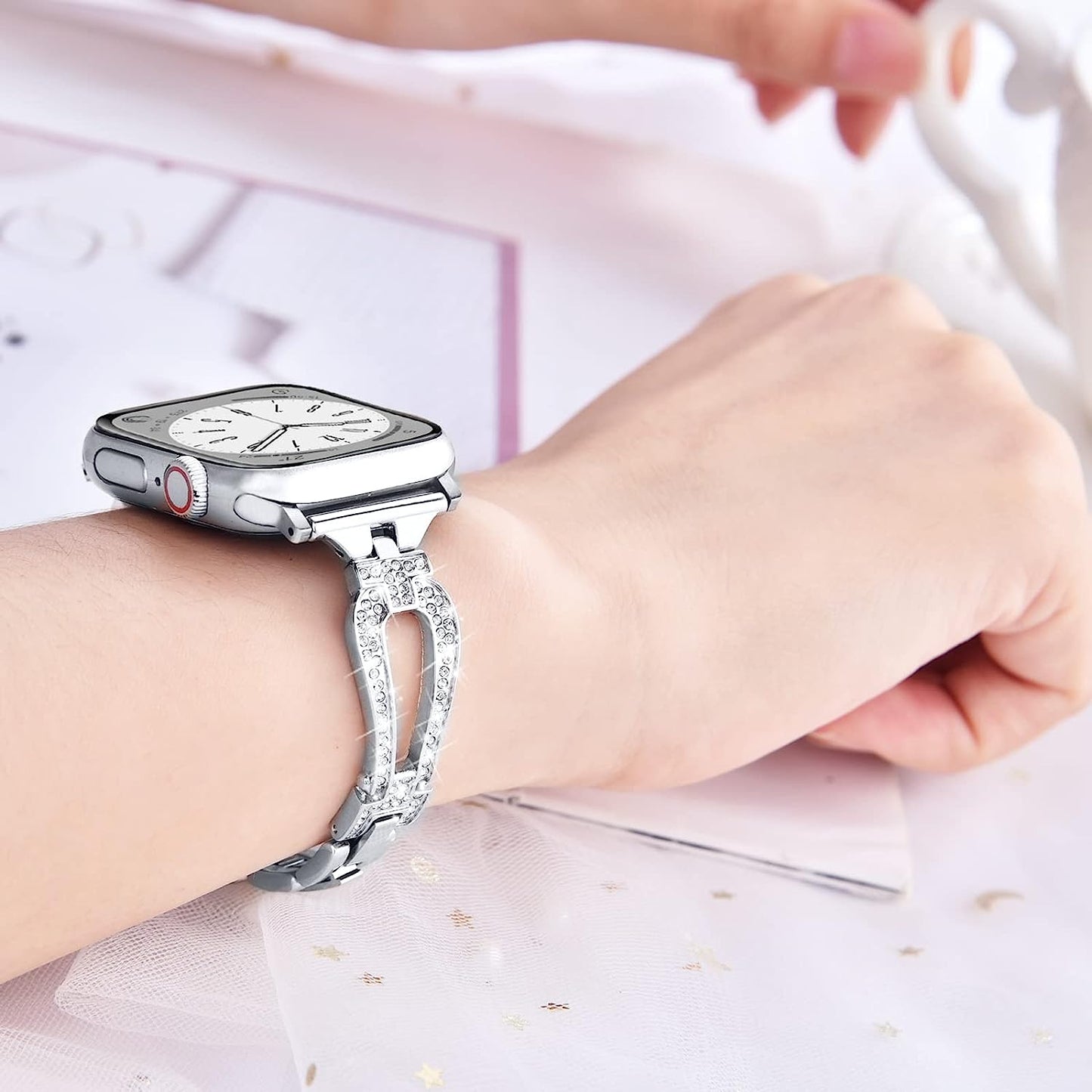 MOFREE Bling Band Compatible for Apple Watch Band 38Mm 40Mm 41Mm 42Mm 44Mm 45Mm Iwatch Series SE 8 7 6 5 4 3 2 1,Dressy Jewelry Diamond Rhinestone Stylish Metal Wristband Strap for Women  MOFREE   