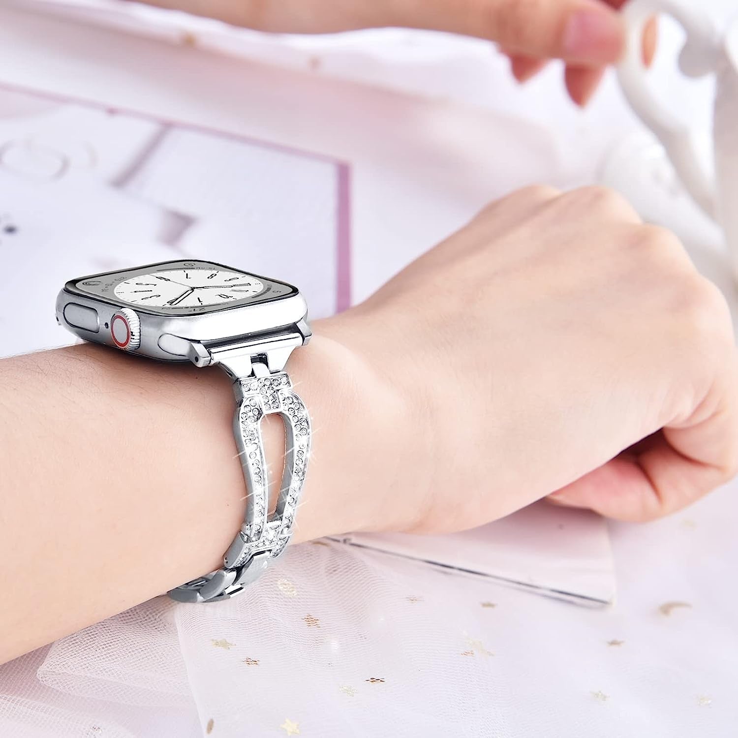 MOFREE Bling Band Compatible for Apple Watch Band 38Mm 40Mm 41Mm 42Mm 44Mm 45Mm Iwatch Series SE 8 7 6 5 4 3 2 1,Dressy Jewelry Diamond Rhinestone Stylish Metal Wristband Strap for Women  MOFREE   