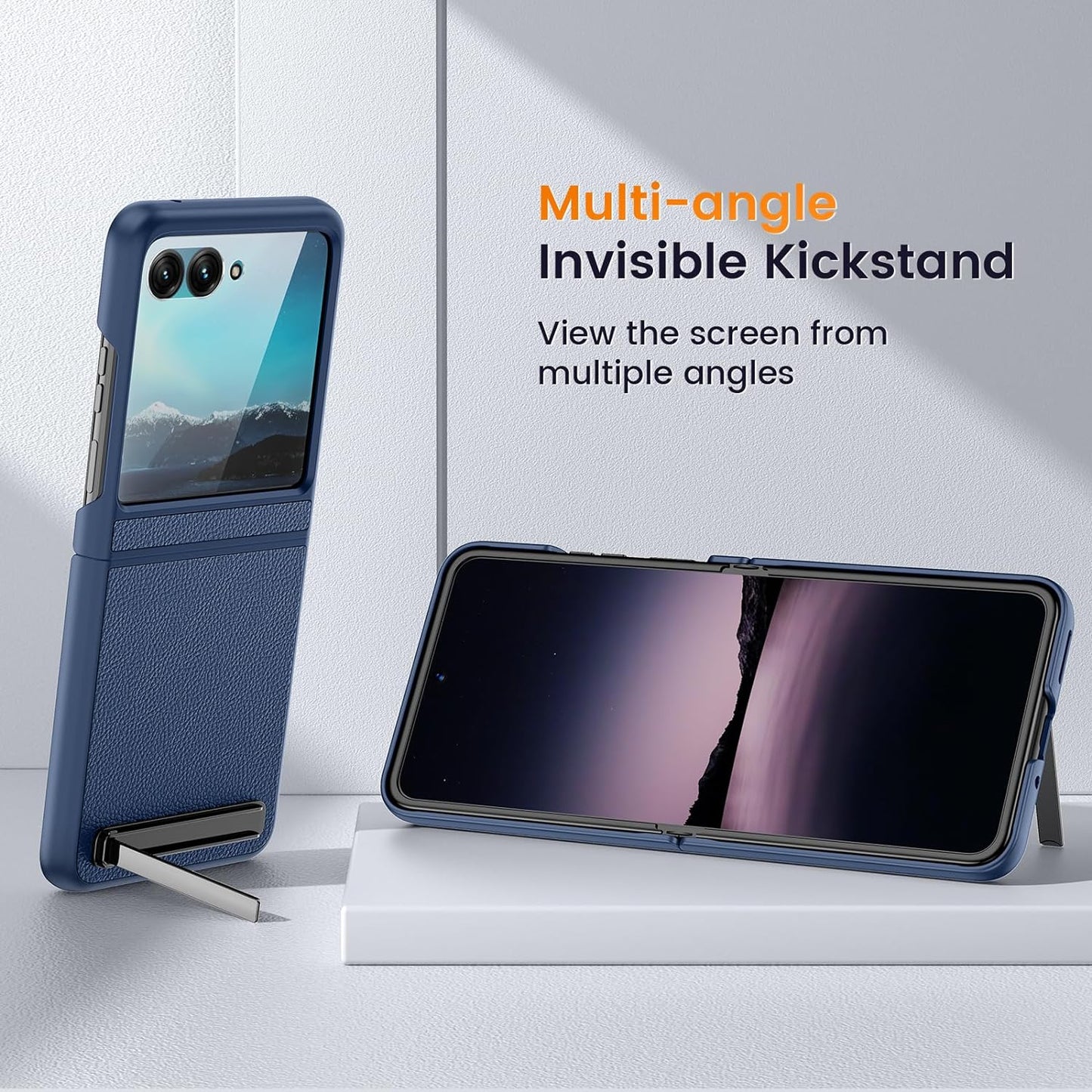 NULETO for Moto Razr plus 2023 Case with Kickstand, Razr+ Phone Case with Built-In Screen Protector for Outer Screen, Drop Protective Slim Motorola Razr plus Case with Luxury Leather Cover, Blue  NULETO   