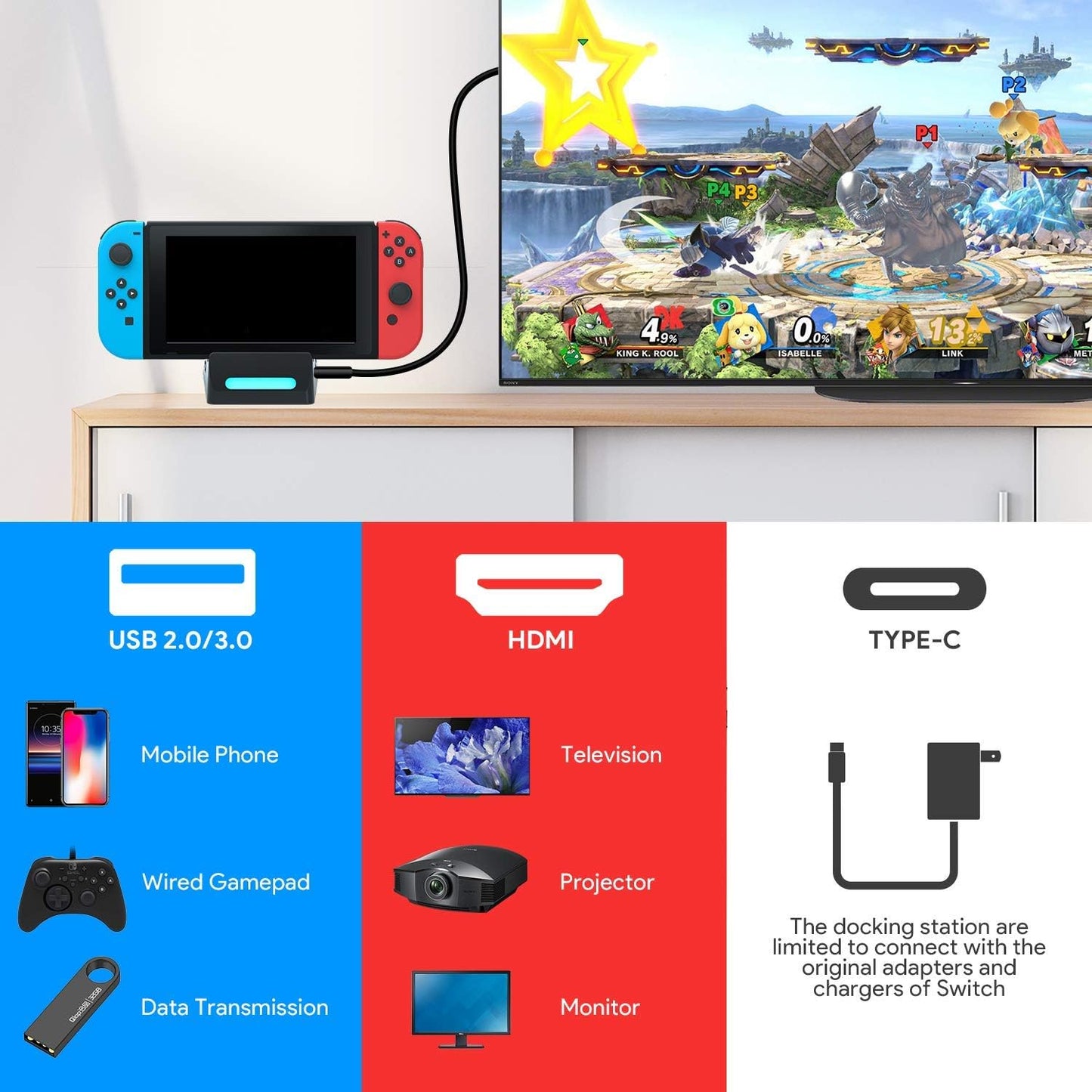 WATSABRO Switch Dock, Switch Charging Docking Station for Nintendo, Switch Docking Station Charger with Dust Plugs, Nintendo Switch Docking Station Supporting 4K1080P HDMI Video Port and USB3.0 Port  WATSABRO   