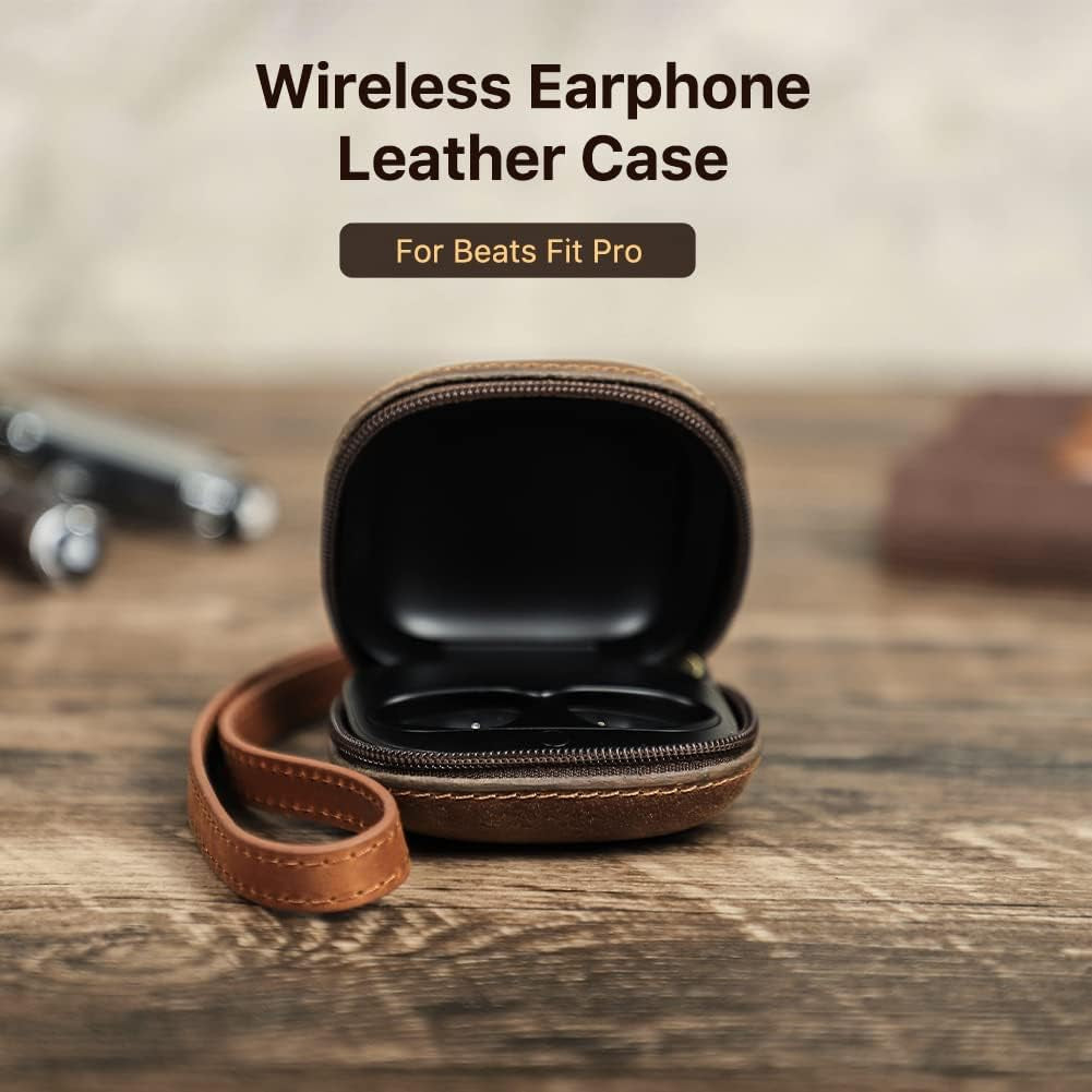 Leather Case for Beats Fit Pro,Hiram Crazy Horse Cowhide Leather Portable Travel Case for Beats Fit Pro,Wireless Earphone Cases for Beats Fit Pro Charging Case(Brown)  Hiram   