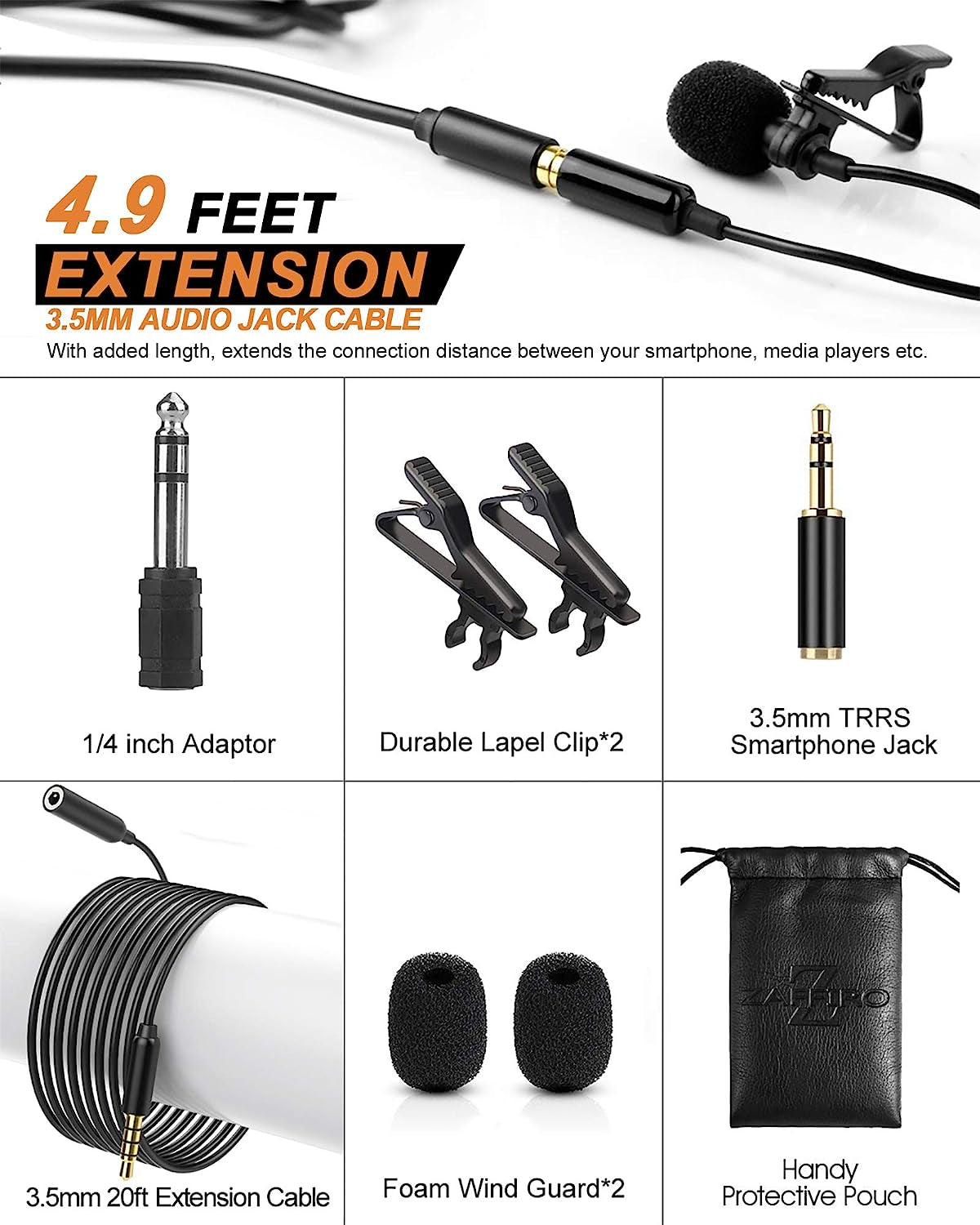 Z ZAFFIRO Lavalier Lapel Microphone Kit Clip on Omnidirectional Condenser Lav Mic for Iphone, Ipad, DSLR, Camcorder, Zoom/Tascam Recorder, PC, Macbook, Samsung Android, Smartphones  Z ZAFFIRO   