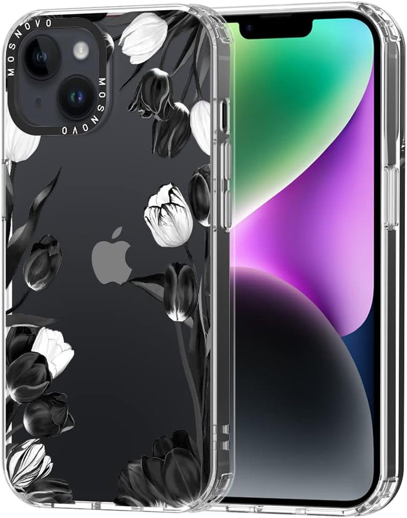 MOSNOVO Compatible with Iphone 14 plus Case, [Buffertech 6.6 Ft Drop Impact] [Anti Peel off Tech] Clear TPU Shockproof Bumper Phone Case Cover with Black Dragon Designed for Iphone 14 plus 6.7"  MOSNOVO Black White Tulips  