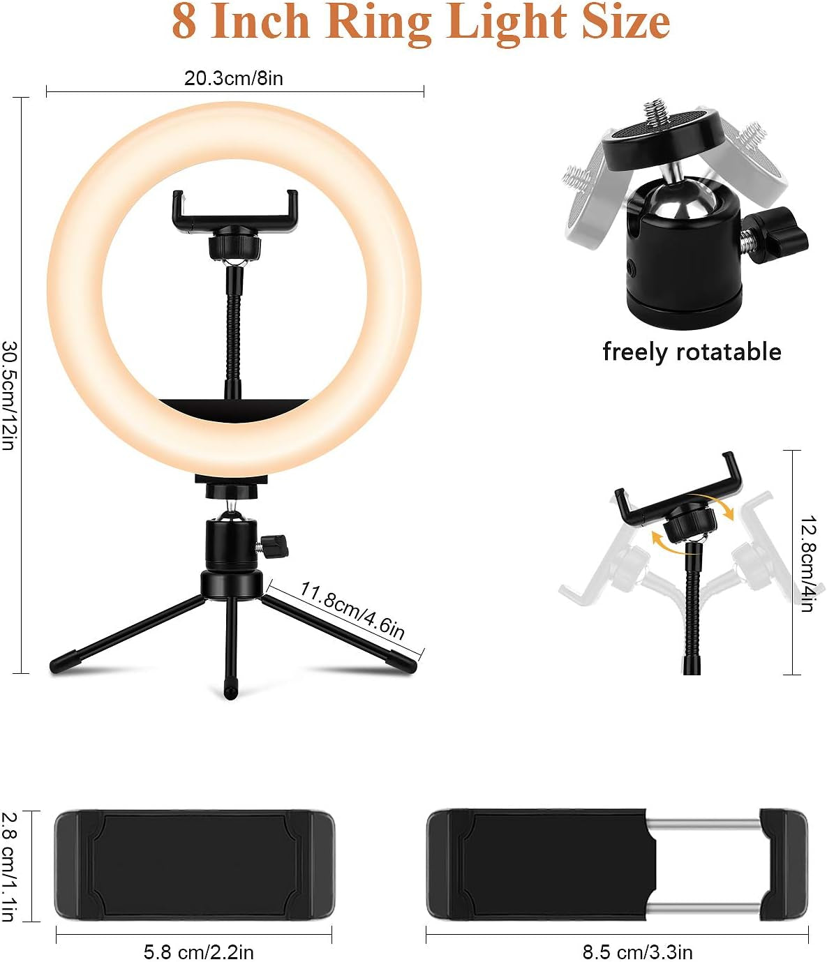 8'' Ring Light with Tripod Stand & Phone Holder for Selfie, Makeup,Live Streaming & Youtube Video,3 Light Modes and 10 Brightness Level,Dimmable Desk Makeup Ring Light  TBJSM   