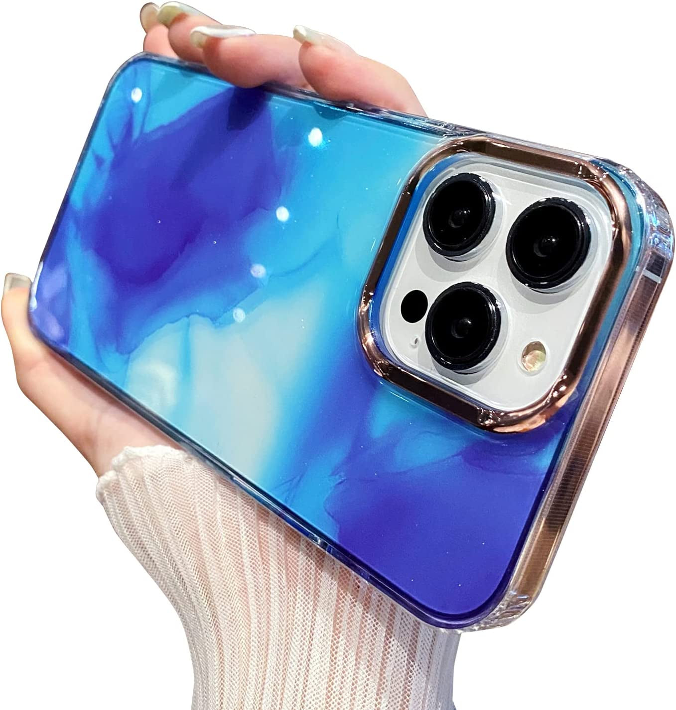Uioeua Compatible with Iphone 14 Pro Max Case for Women Girls,Luxury Shiny Fashion Gradient Glitter Bling Cute Clear Acrylic Plate Shockproof Case for Iphone 14 Pro Max(Gradient Purple)  Uioeua Ink Blue  